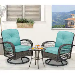 U-HOMY - Outdoor Swivel Rocking Chair Set with Glass Table - Blue