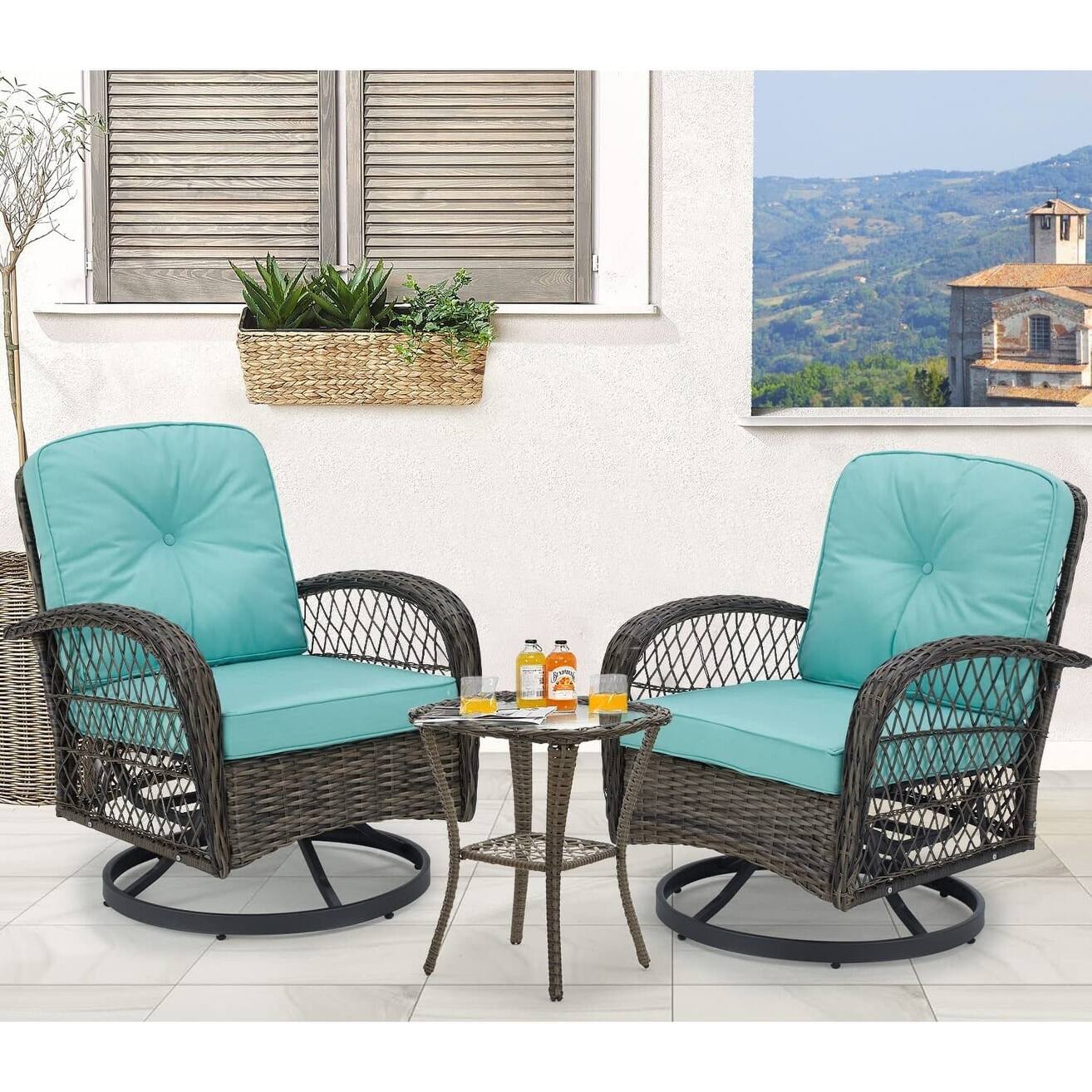 Front. U-HOMY - Outdoor Swivel Rocking Chair Set with Glass Table - Blue.