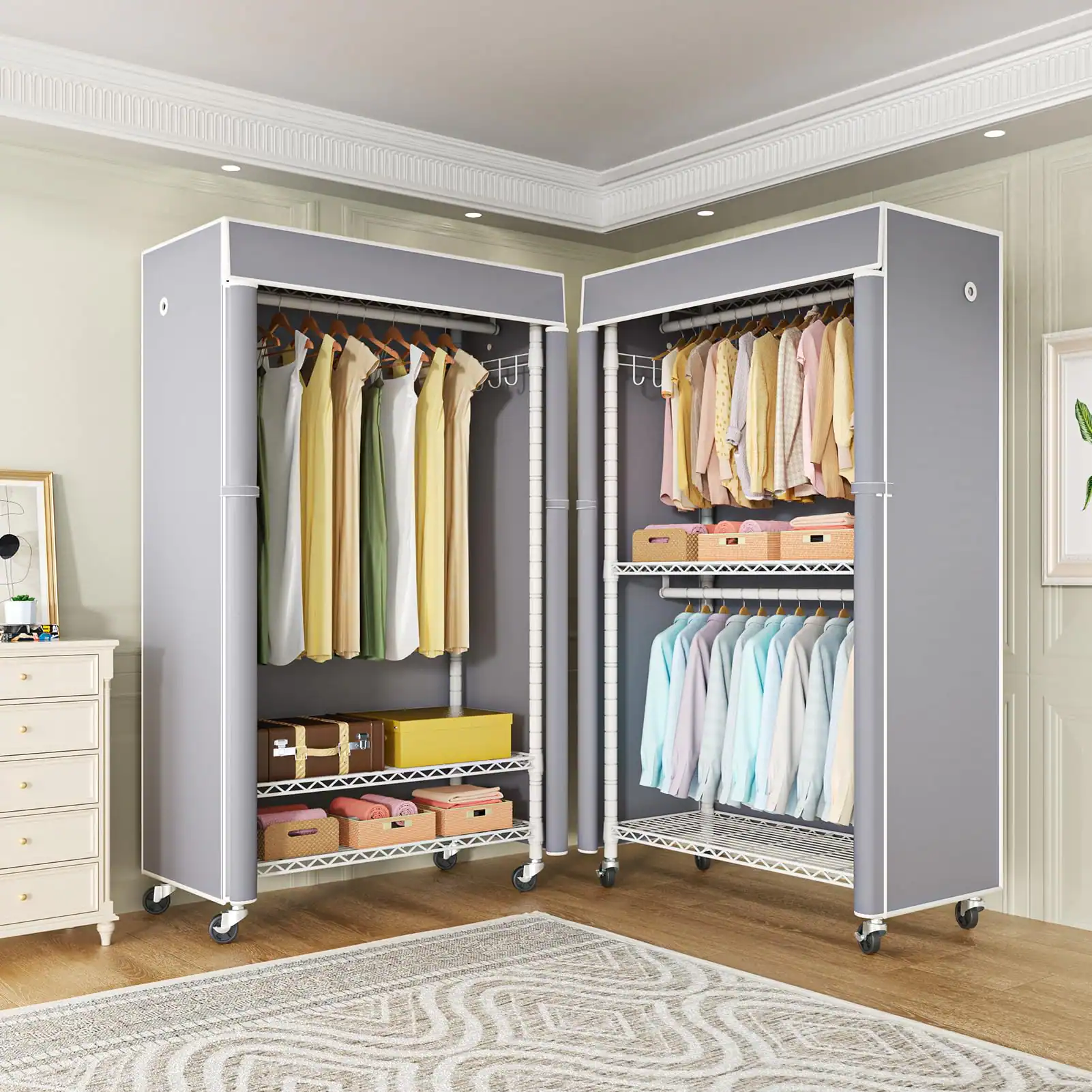 Alt View 5. Hirose Alice - FUTASSI Clothing Rack with Cover  P1C Rolling Closet Rack with Wheels  Metal Garment Rack for Hanging Clothes - Black Rack With Dark Gray Cover.