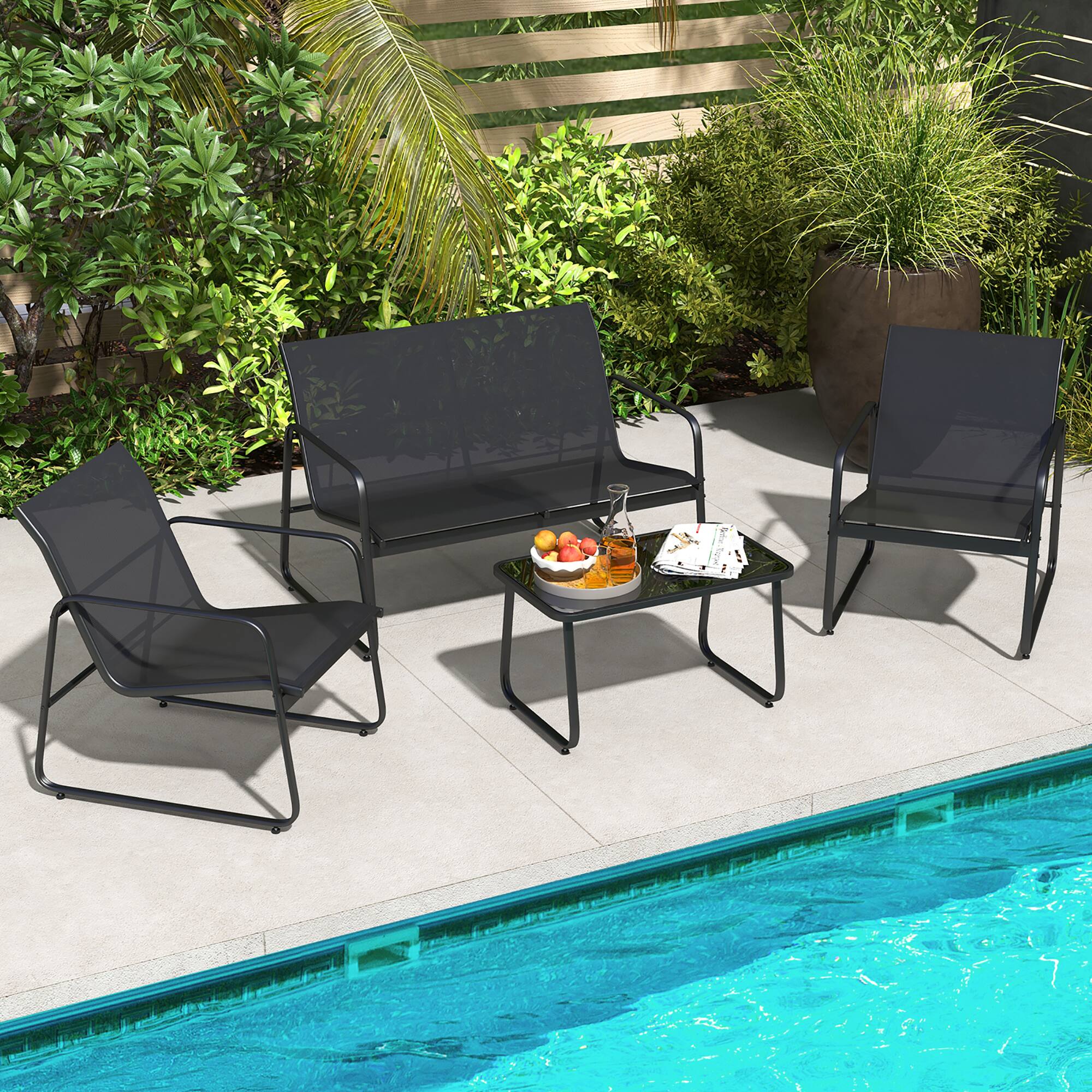 Alt View 2. Costway - Costway 4 Pieces Patio Furniture Set Outdoor Tempered Glass Coffee Table Chair Loveseat - Black.