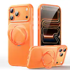 Front. Dteck - for Apple iPhone 17 Pro Max Shockproof Case,Vegan Leather Back with Magnetic Ring Stand,Slim PC TPU Hard Shell Cover, - Orange.