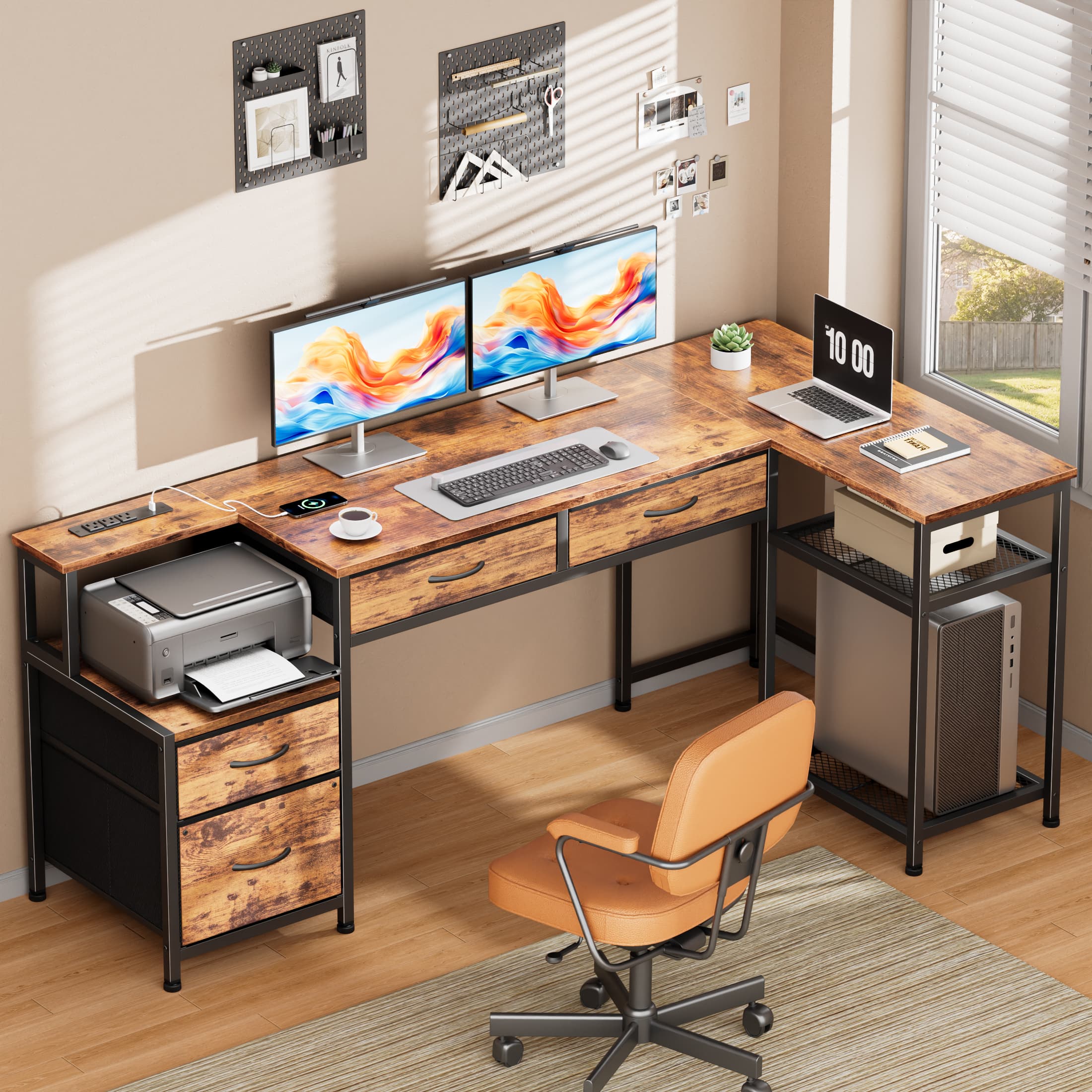 Furnulem - Computer Desk With 4 Drawers Power Outlet Gaming Desk With Storage Shelves for Home Office Desk - Brown