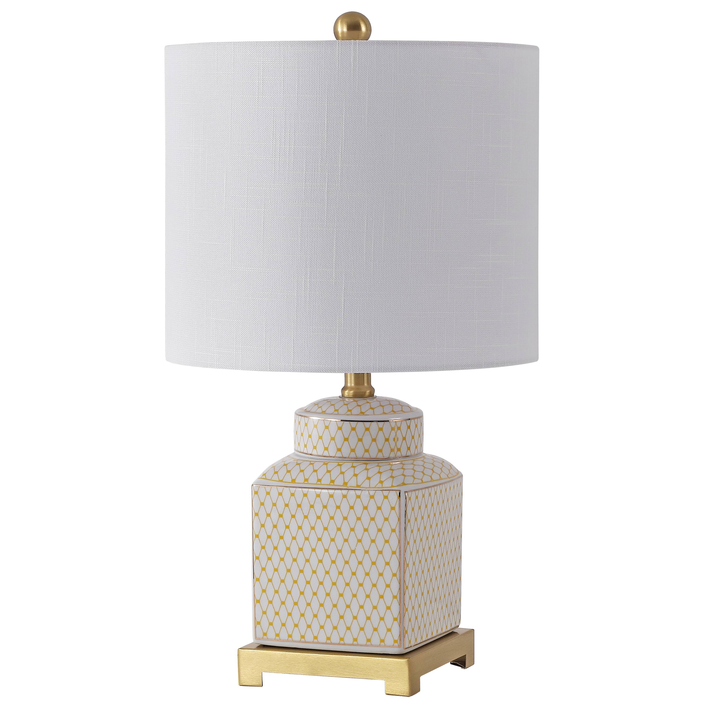 Alt View 7. Jonathan Y - Cleo Transitional 21.5" Yellow and White Square Ceramic Table Lamp with Glam Brass Gold Base for Living Room - White/Yellow.