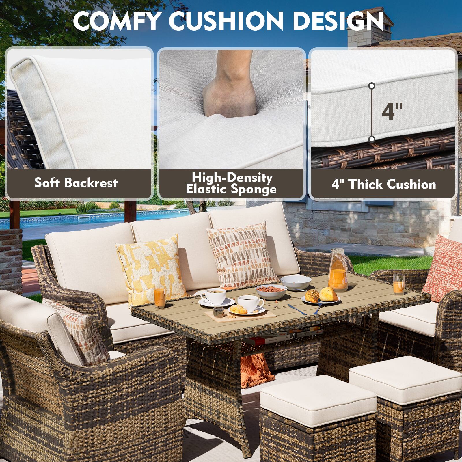 COMFY CUSHION DESIGN

- Soft Backrest
- High-Density Elastic Sponge
- 4" Thick Cushion