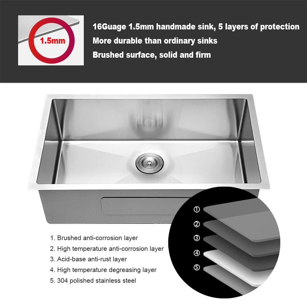 16Gauge 1.5mm handmade sink, 5 layers of protection  
More durable than ordinary sinks  
Brushed surface, solid and firm  

1. Brushed anti-corrosion layer  
2. High temperature anti-corrosion layer  
3. Acid-base anti-rust layer  
4. High temperature degreasing layer  
5. 304 polished stainless steel