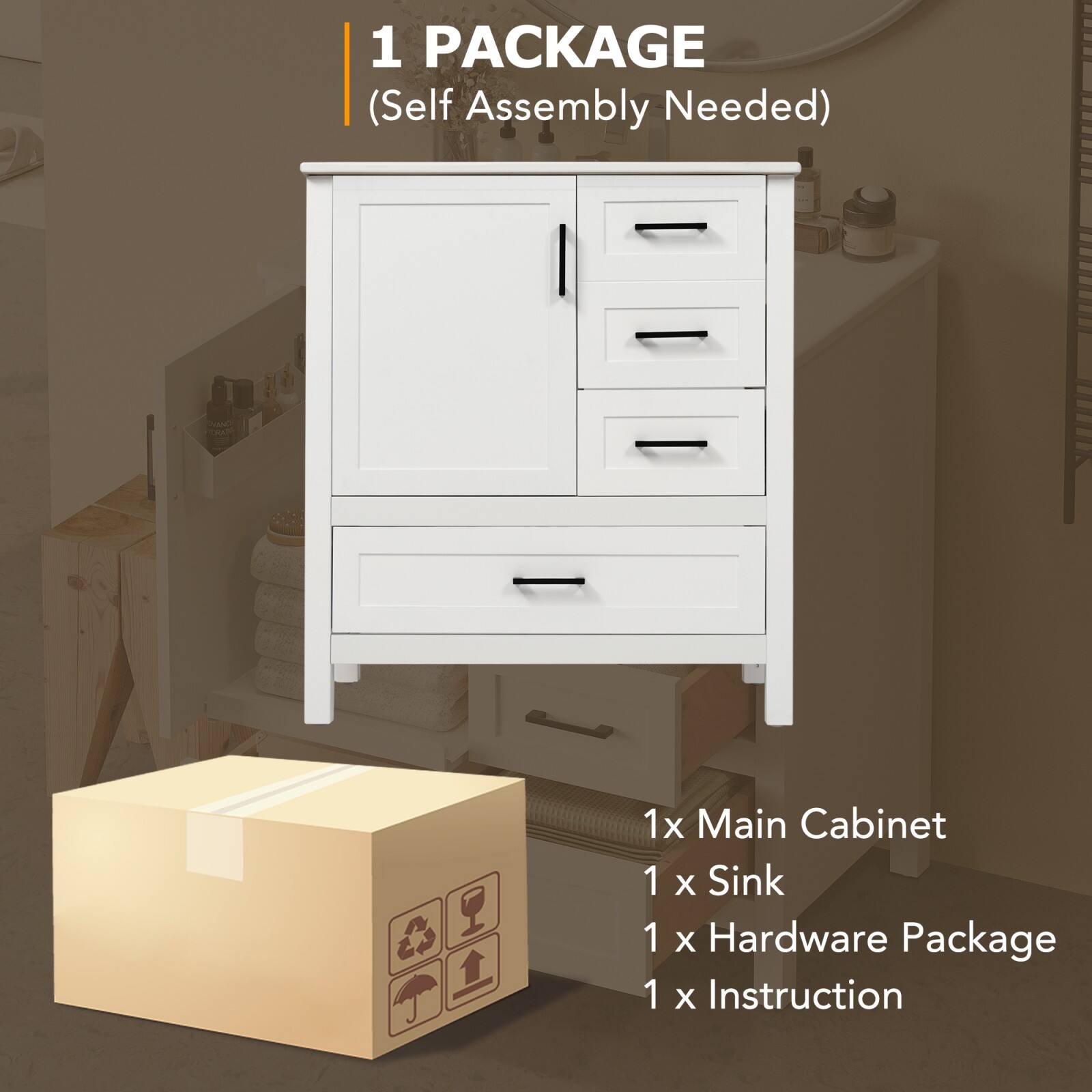 1 PACKAGE  
(Self Assembly Needed)  

1 x Main Cabinet  
1 x Sink  
1 x Hardware Package  
1 x Instruction