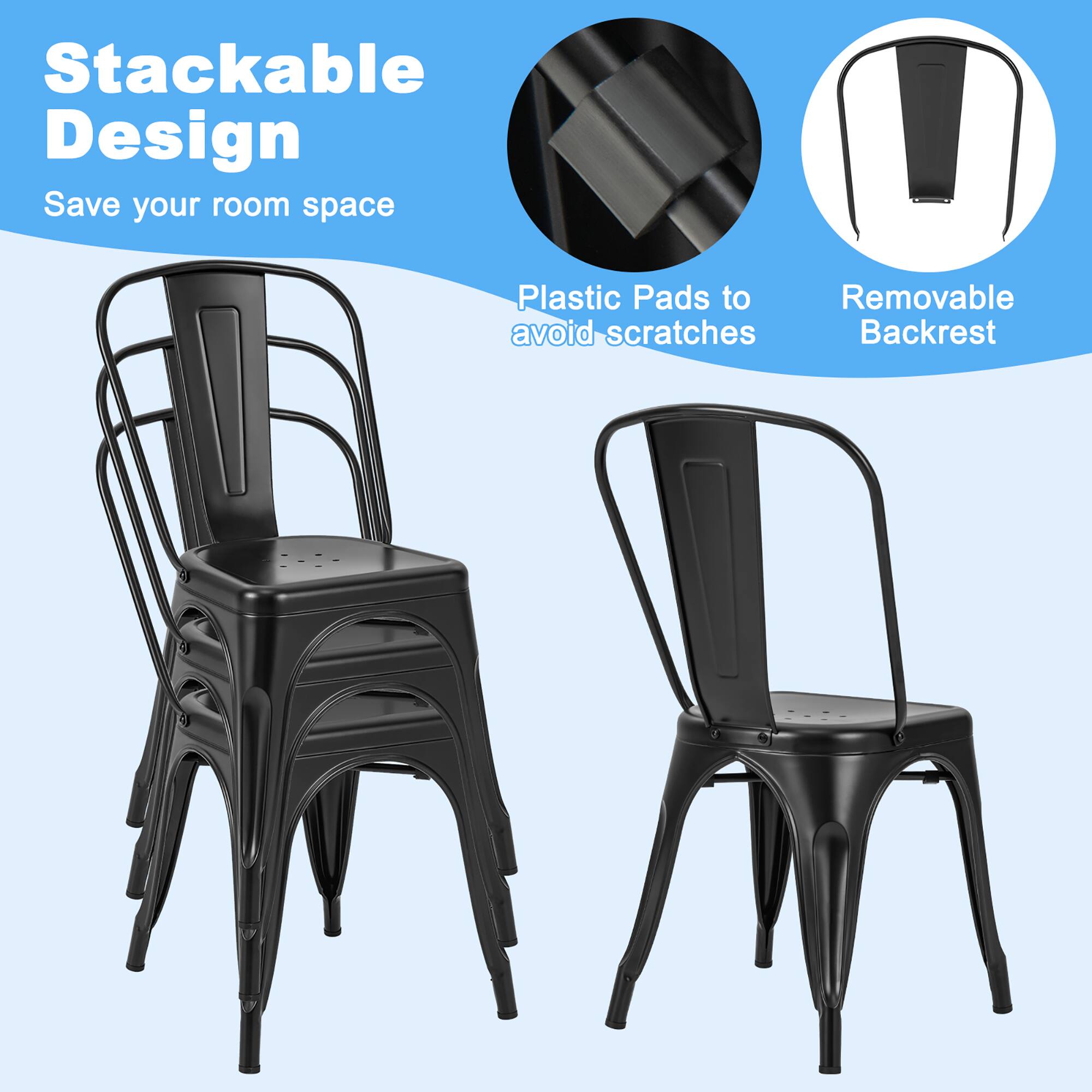 Stackable Design, Save your room space, Plastic Pads to avoid scratches, Removable Backrest