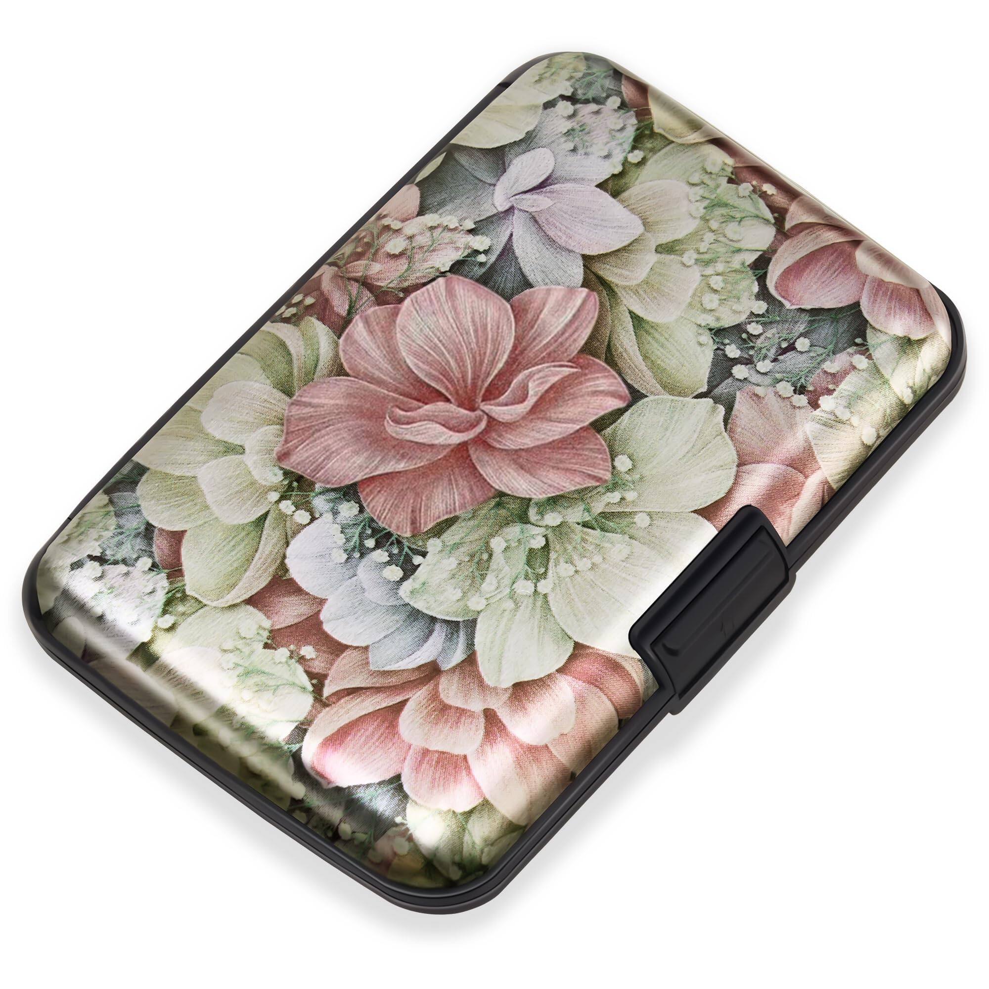 Front. Jadie Link - Credit Card Holder Women Rfid Blocking Aluminum Alloy Hard Case Small Mini Metal Wallet Men Happy Flower RFID-blocking - Happy Flower.