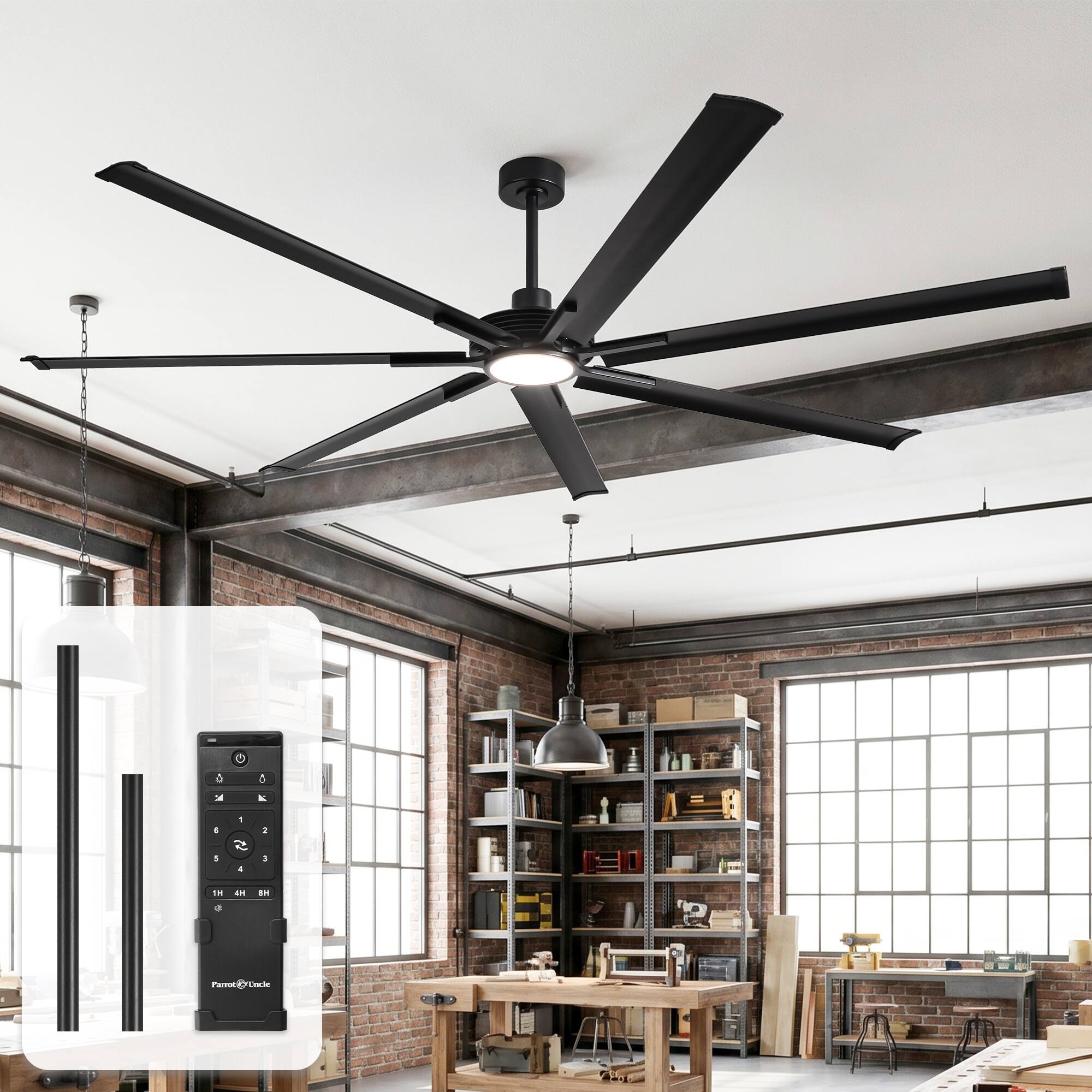 Parrot Uncle - 100-inch Silver Industrial Extra Large Commercial HVLS LED Ceiling Fan with 7 Aluminum Blades and Remote Control - Black