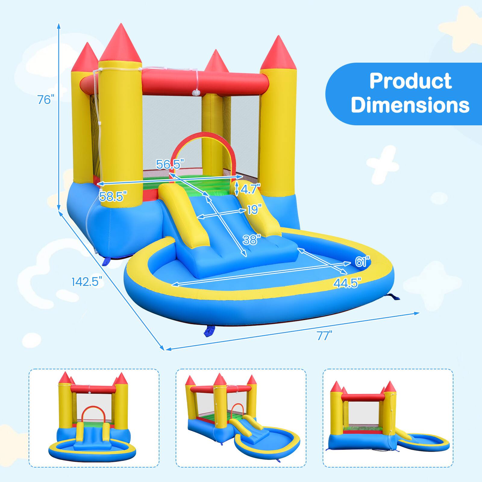 Product Dimensions

76"  
56.5"  
58.5"  
4.7"  
19"  
142.5"  
38"  
61"  
44.5"  
77"