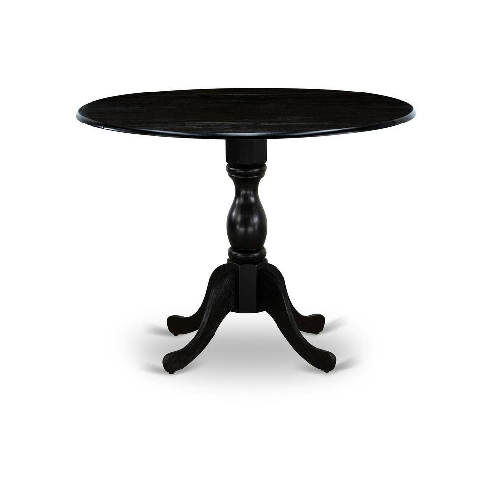 East West Furniture - Round wood table Wire Brushed Color Table Top Surface and Asian Wood Drops Leave Kitchen table with Pedestal Legs - Black