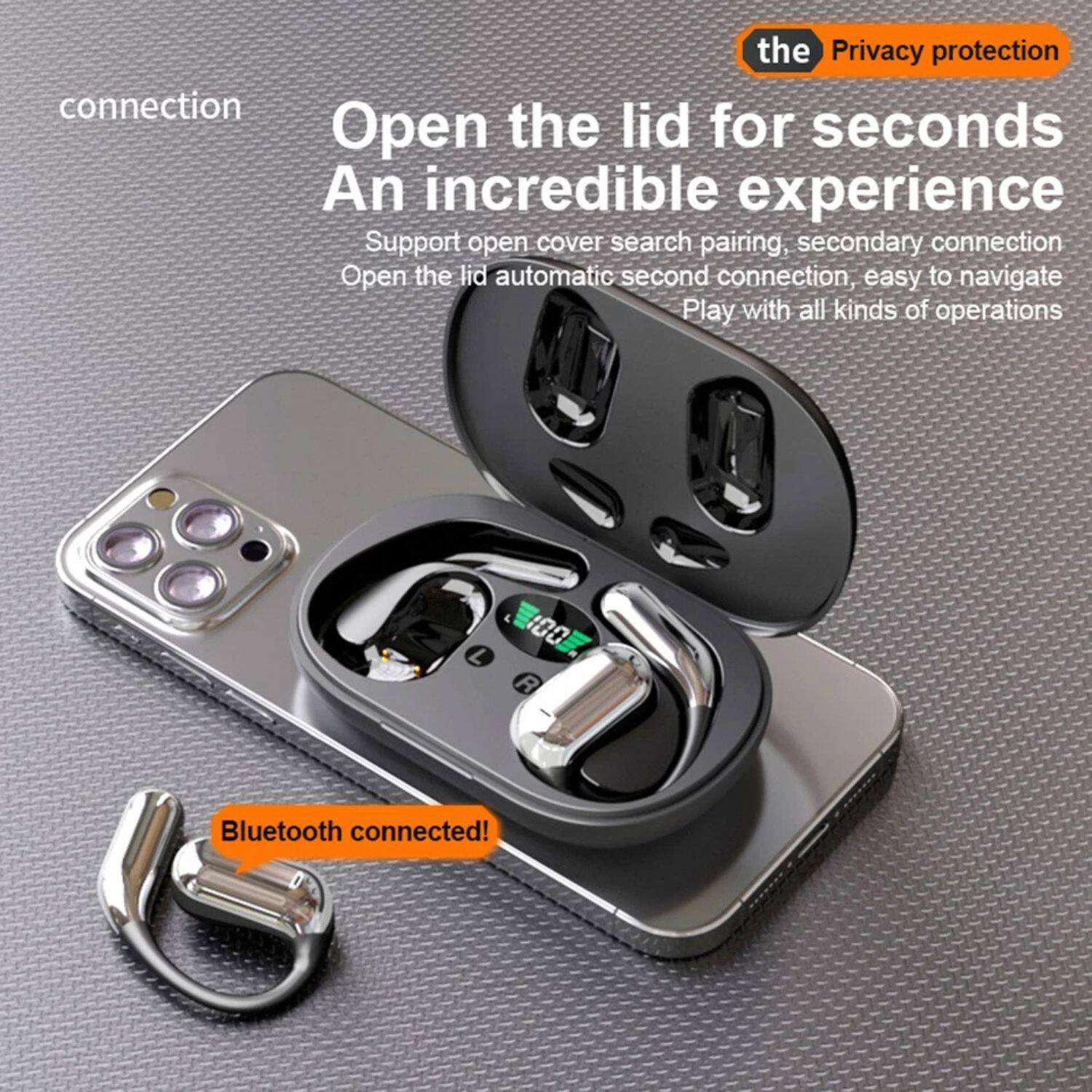 - **Connection**
  - **Open the lid for seconds**
    - An incredible experience
    - Support open cover search pairing, secondary connection
    - Open the lid automatic second connection, easy to navigate
    - Play with all kinds of operations
  - **Bluetooth connected!**
- **the Privacy protection**