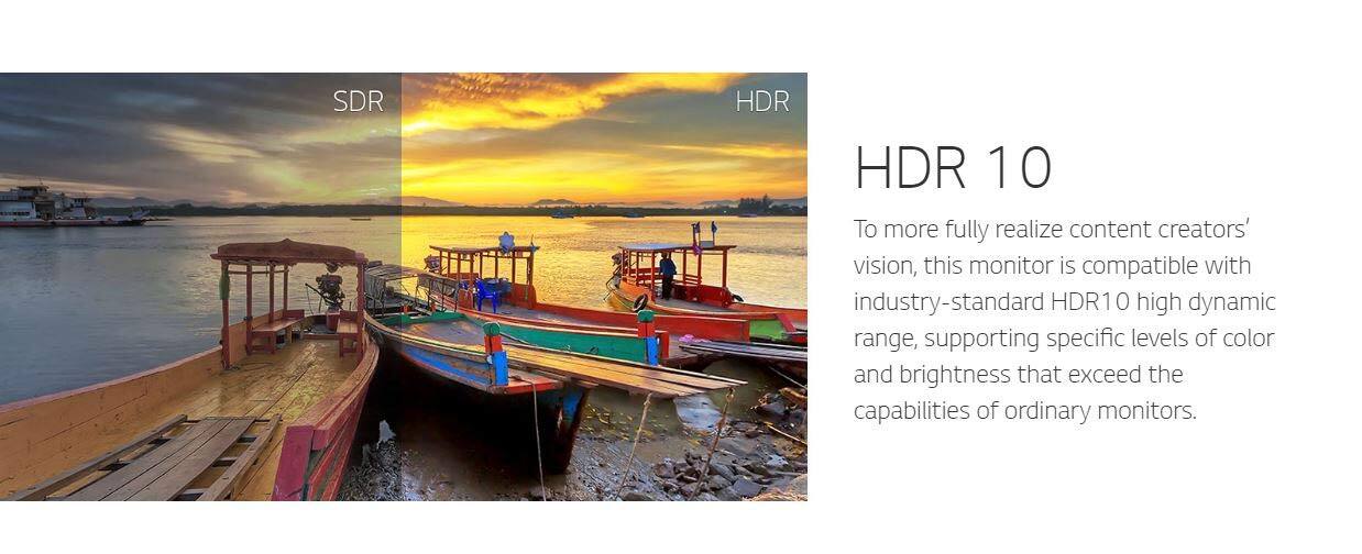 SDR HDR HDR 10

To more fully realize content creators' vision, this monitor is compatible with industry-standard HDR10 high dynamic range, supporting specific levels of color and brightness that exceed the capabilities of ordinary monitors.