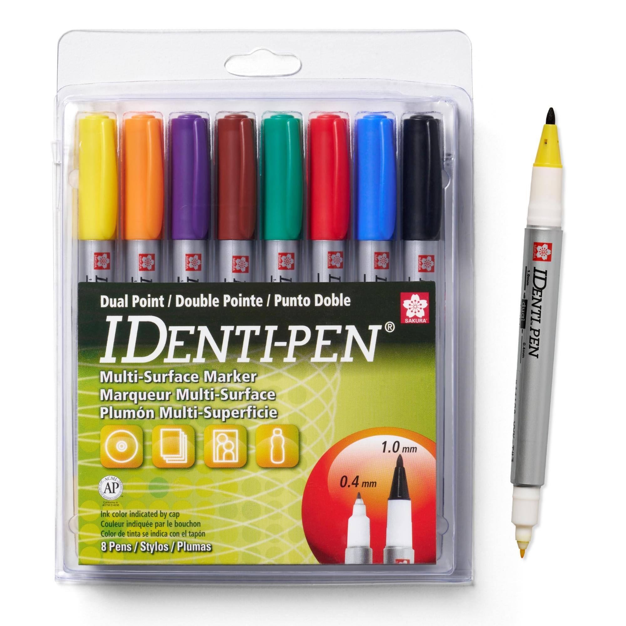 Dual Point/Double Pointe/Punto Doble  
SAKURA IDENTIPEN Multi-Surface Marker  
Marqueur Multi-Surface  
Plumón Multi-Superficie  

PEN IDENTI  
1.0 mm  
AP  
0.4 mm  

Ink color indicated by cap  
Couleur indiquée par le bouchon  
Color de tinta se indica con el tapón  

8 Pens/Stylos/Plumas