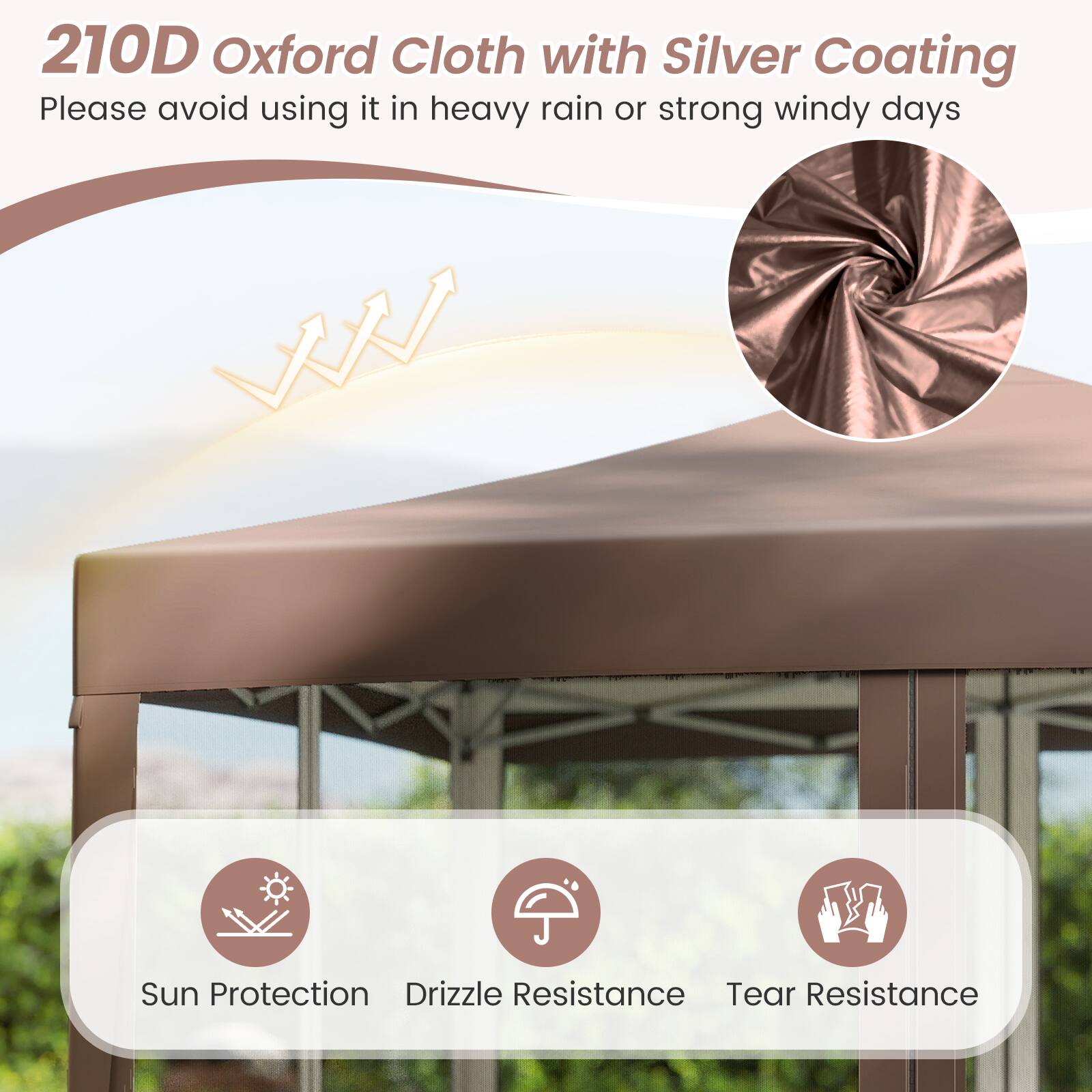 210D Oxford Cloth with Silver Coating  
Please avoid using it in heavy rain or strong windy days  

Sun Protection  
Drizzle Resistance  
Tear Resistance