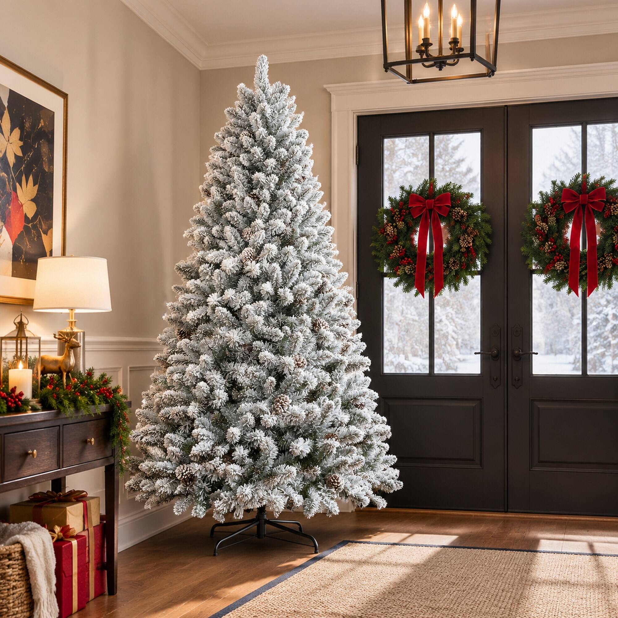 Alt View 2. RYHNUYNE - 6FT Flocked Christmas Tree With Pine Cones, 888 Snowy PVC Tips 36 Natural Pinecones Full Shape Sturdy Metal Stand - Green,White.