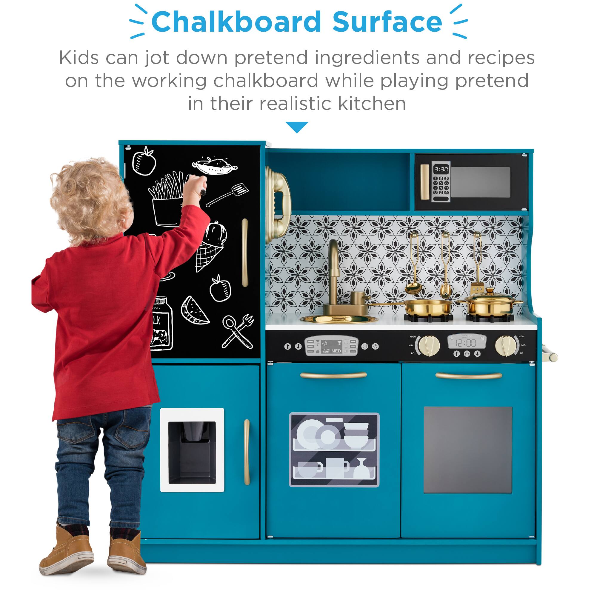 Chalkboard Surface

Kids can jot down pretend ingredients and recipes on the working chalkboard while playing pretend in their realistic kitchen.