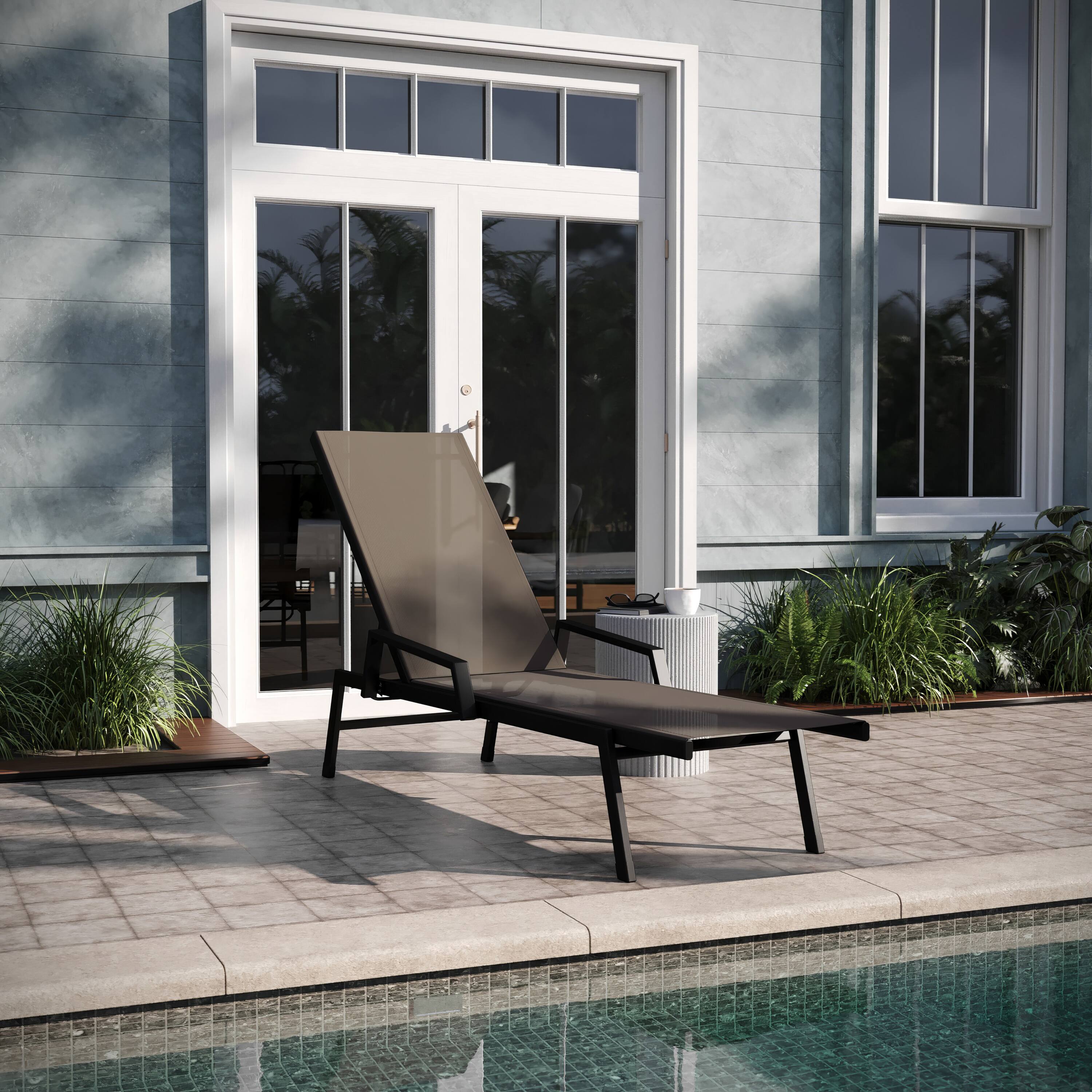 Alt View 1. Emma + Oliver - Braelin Textilene Adjustable 5 Position Patio Chaise Lounge with Armrests and Metal Frame - Brown.