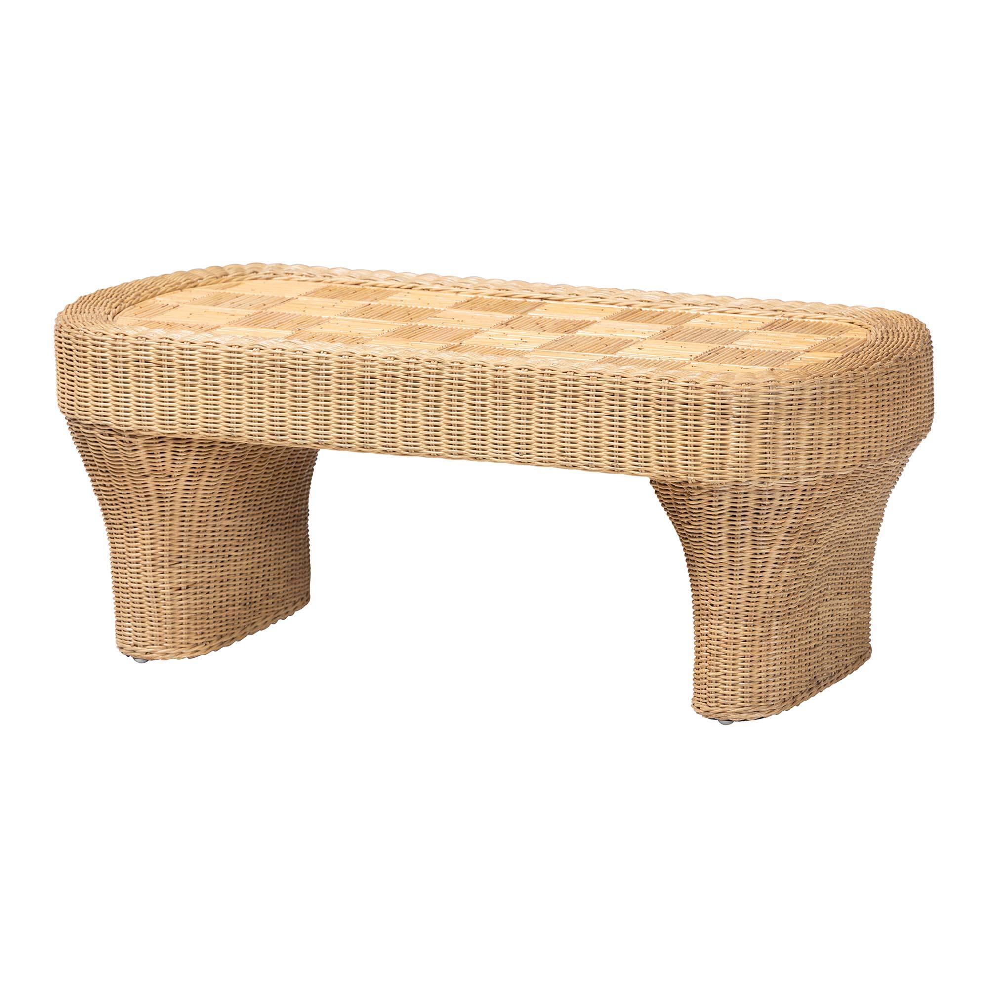 Front. bali & pari - Canika Natural Rattan Coffee Table - Handwoven Wicker Accent Table with Checkered Tabletop and Waterfall Base - Natural Rattan.