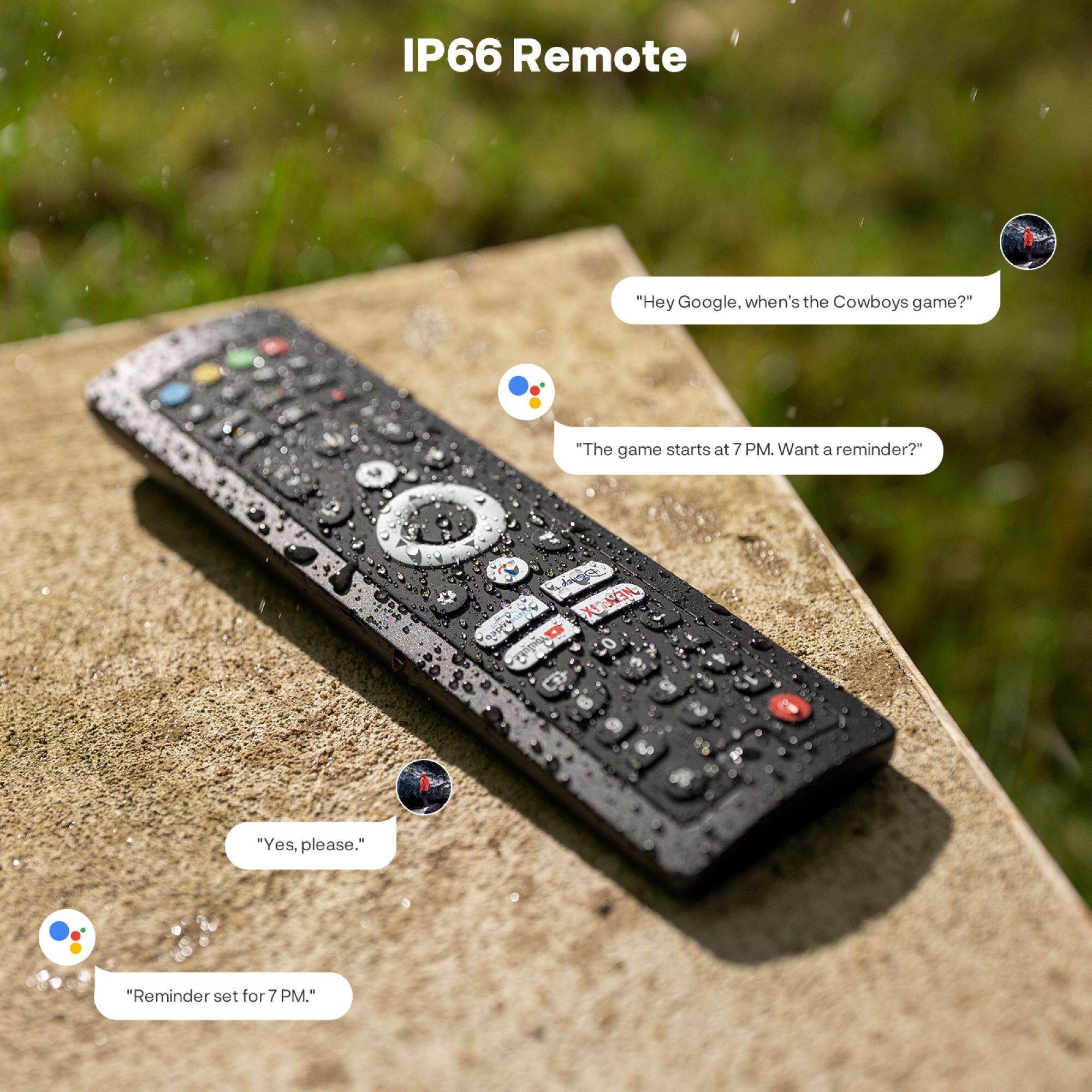 IP66 Remote

"Hey Google, when's the Cowboys game?"
"The game starts at 7 PM. Want a reminder?"
"Yes, please."
"Reminder set for 7 PM."