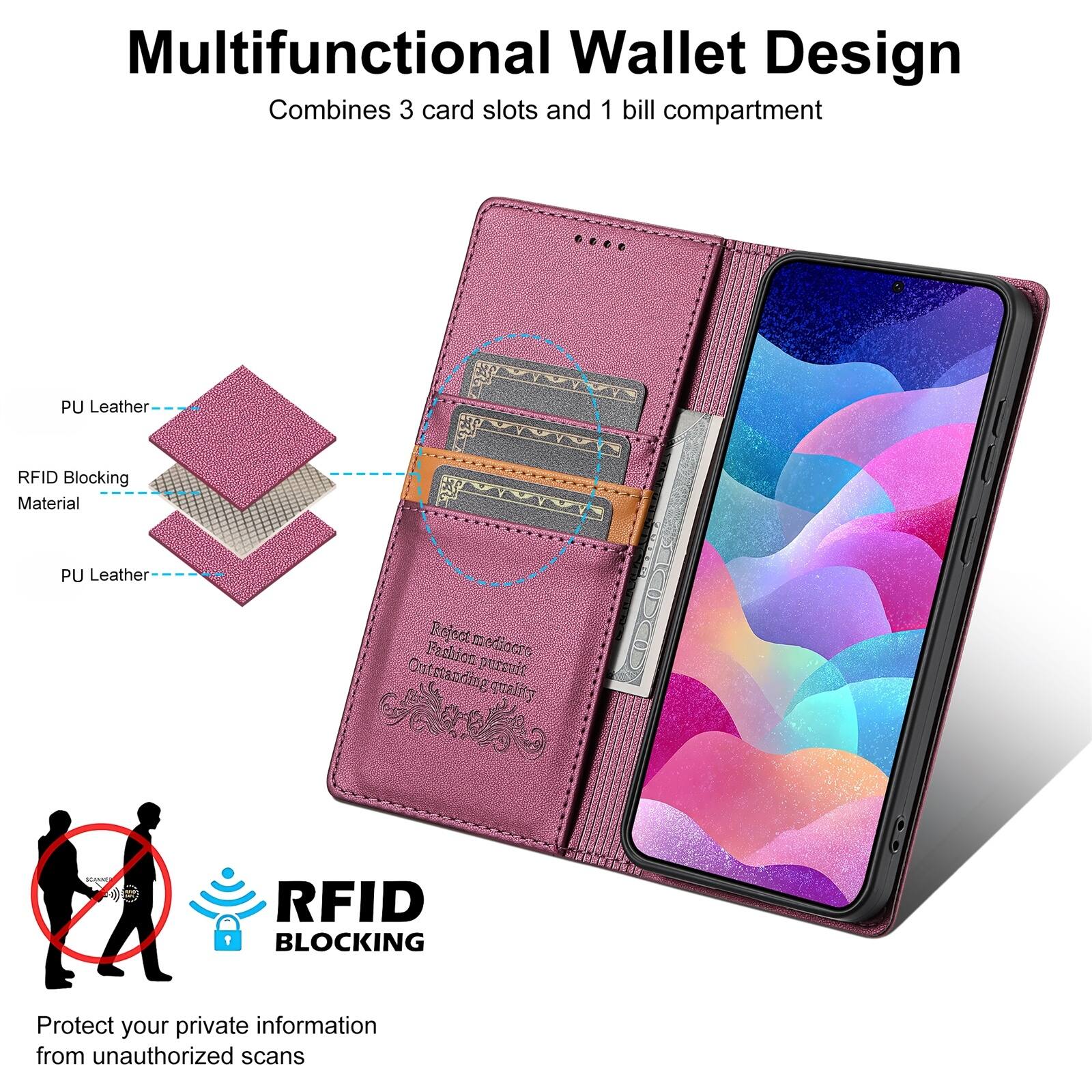 Multifunctional Wallet Design Combines 3 card slots and 1 bill compartment

PU Leather RFID Blocking Material

PU Leather

Reject mediocrity Fashion purity Outstanding quality

RFID 1 BLOCKING

Protect your private information from unauthorized scans