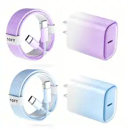 Bundle - Core Tech - 2-Pack 20W USB-C Fast Charger Blocks with 2 10 ft USB-C Cables for iPhone 18/17/16/15 - Purple Gradient + Blue Gradient - Purple Gradient + Blue Gradient