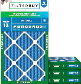 Filterbuy - 16x32x2 MERV 13 Smoke & Allergy Defense, Electrostatic Pleated HVAC AC Furnace Air Filters Replacement (4-Pack) - Blue