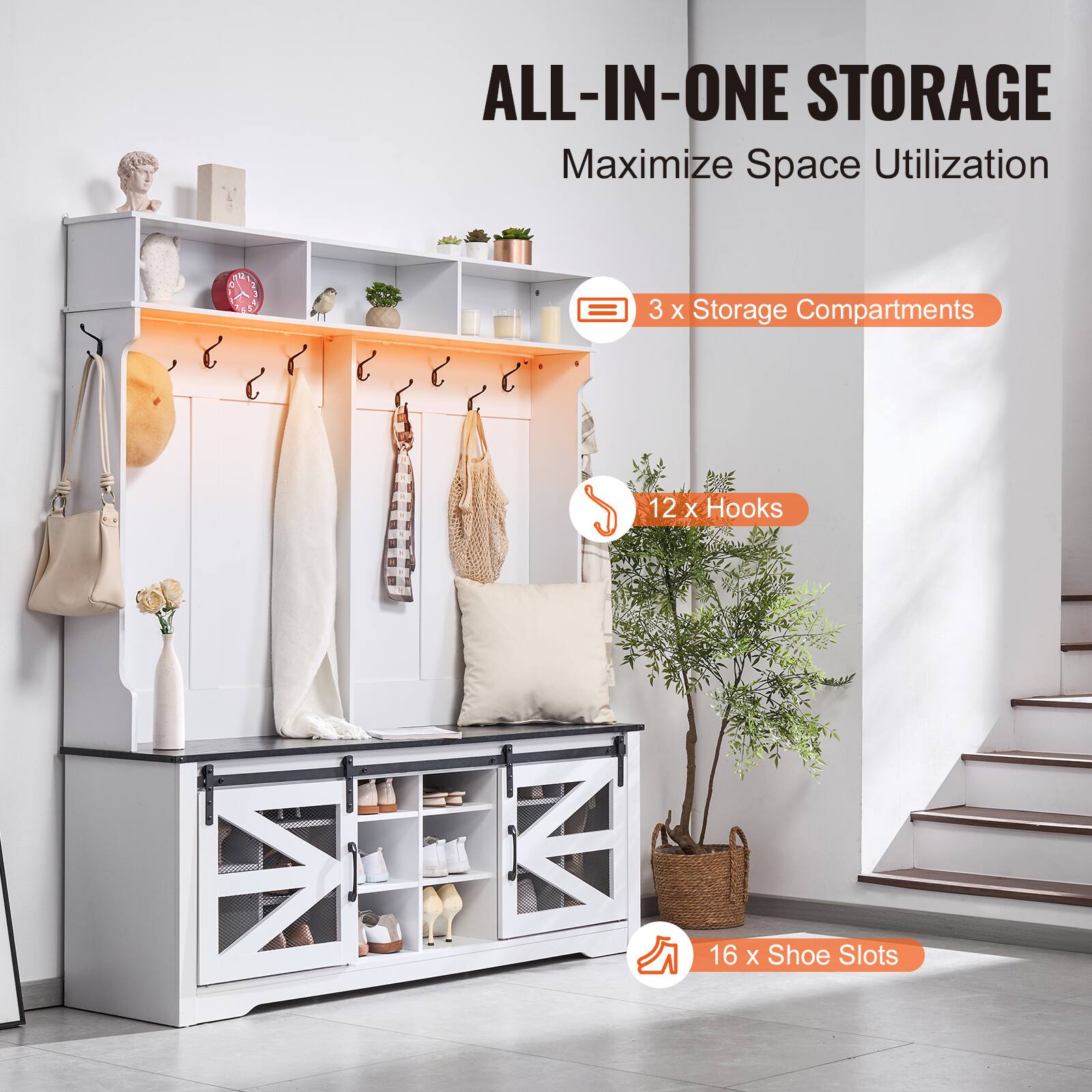 ALL-IN-ONE STORAGE  
Maximize Space Utilization  

3 x Storage Compartments  
12 x Hooks  
16 x Shoe Slots