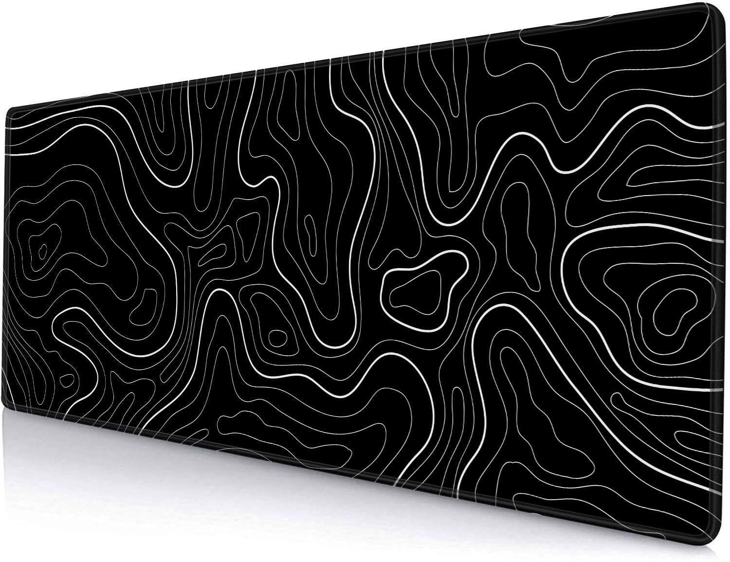Fabibe - Large Gaming Mouse Pad Extended Xl Mousepad Non-slip Rubber Base Mat Desk For Work Game Office Home 31.5 X 11.8 In B - 03 Black Minimalist Topographic Map