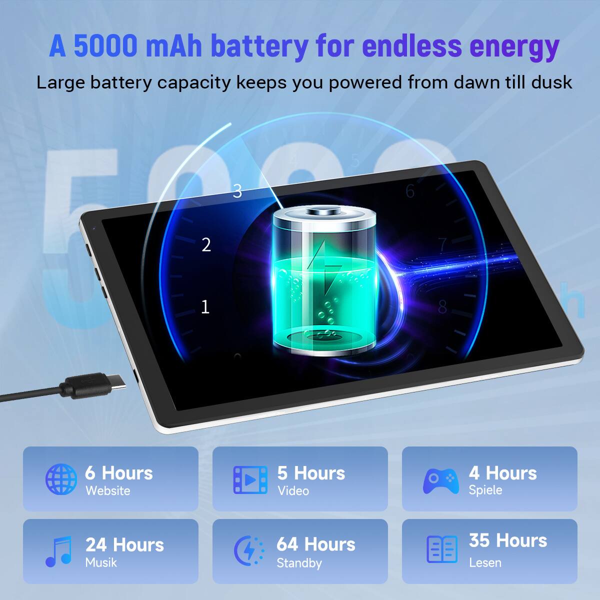 A 5000 mAh battery for endless energy  
Large battery capacity keeps you powered from dawn till dusk  

- 6 Hours Website  
- 5 Hours Video  
- 4 Hours Spiele  
- 24 Hours Musik  
- 64 Hours Standby  
- 35 Hours Lesen