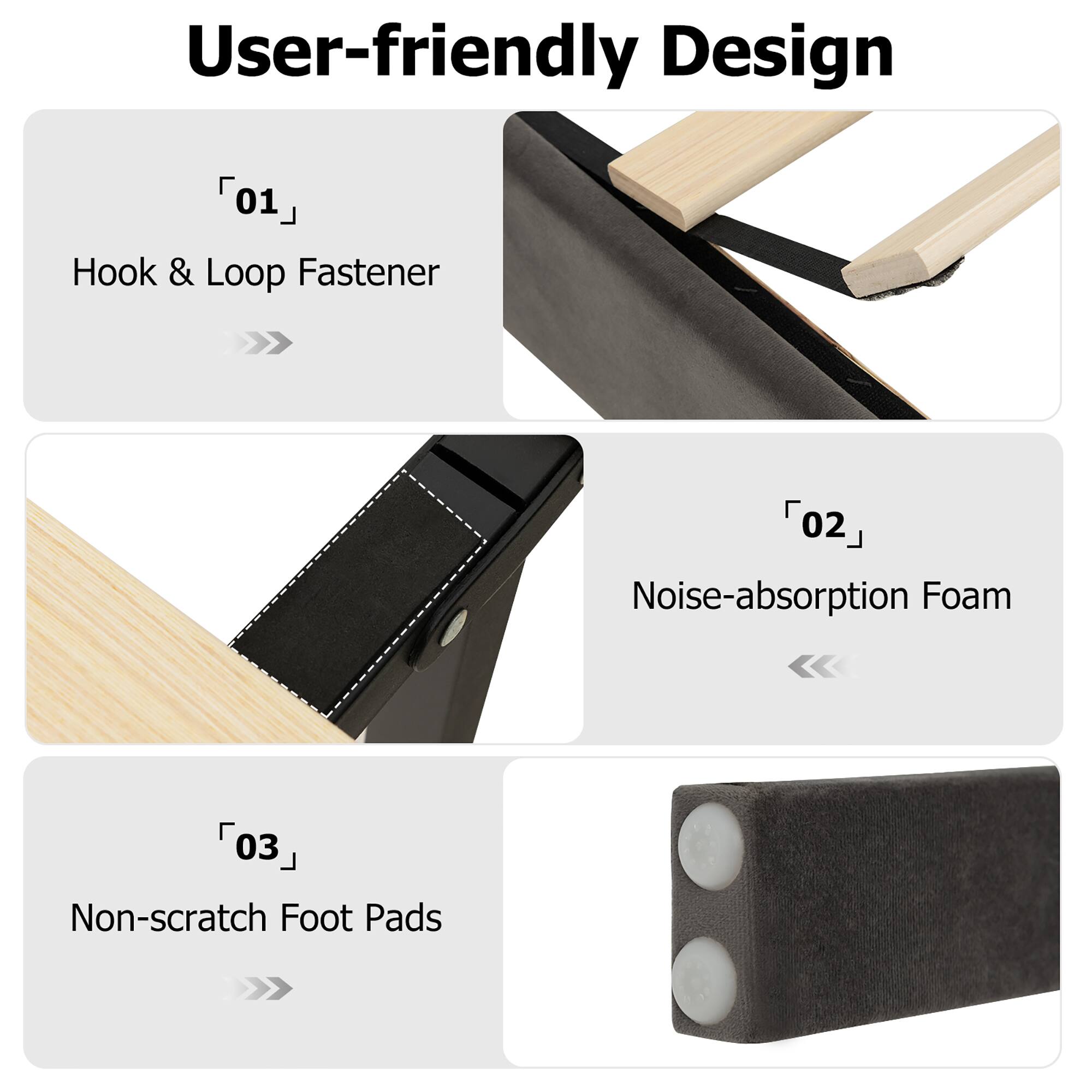 User-friendly Design

01 Hook & Loop Fastener
02 Noise-absorption Foam
03 Non-scratch Foot Pads