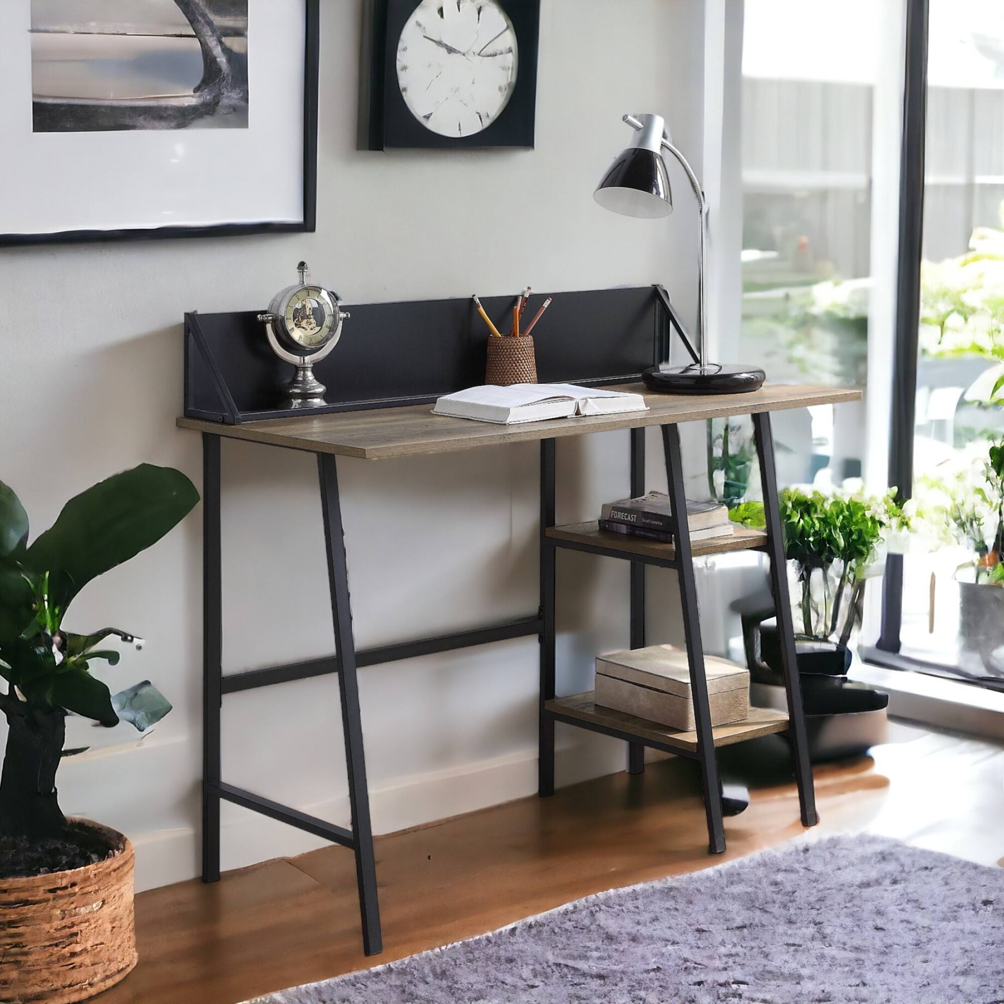Alt View 2. GOODSILO - Rustic Oak Writing Desk with Black Metal Legs and Integrated Storage Shelf for Modern Home Office - Oak.