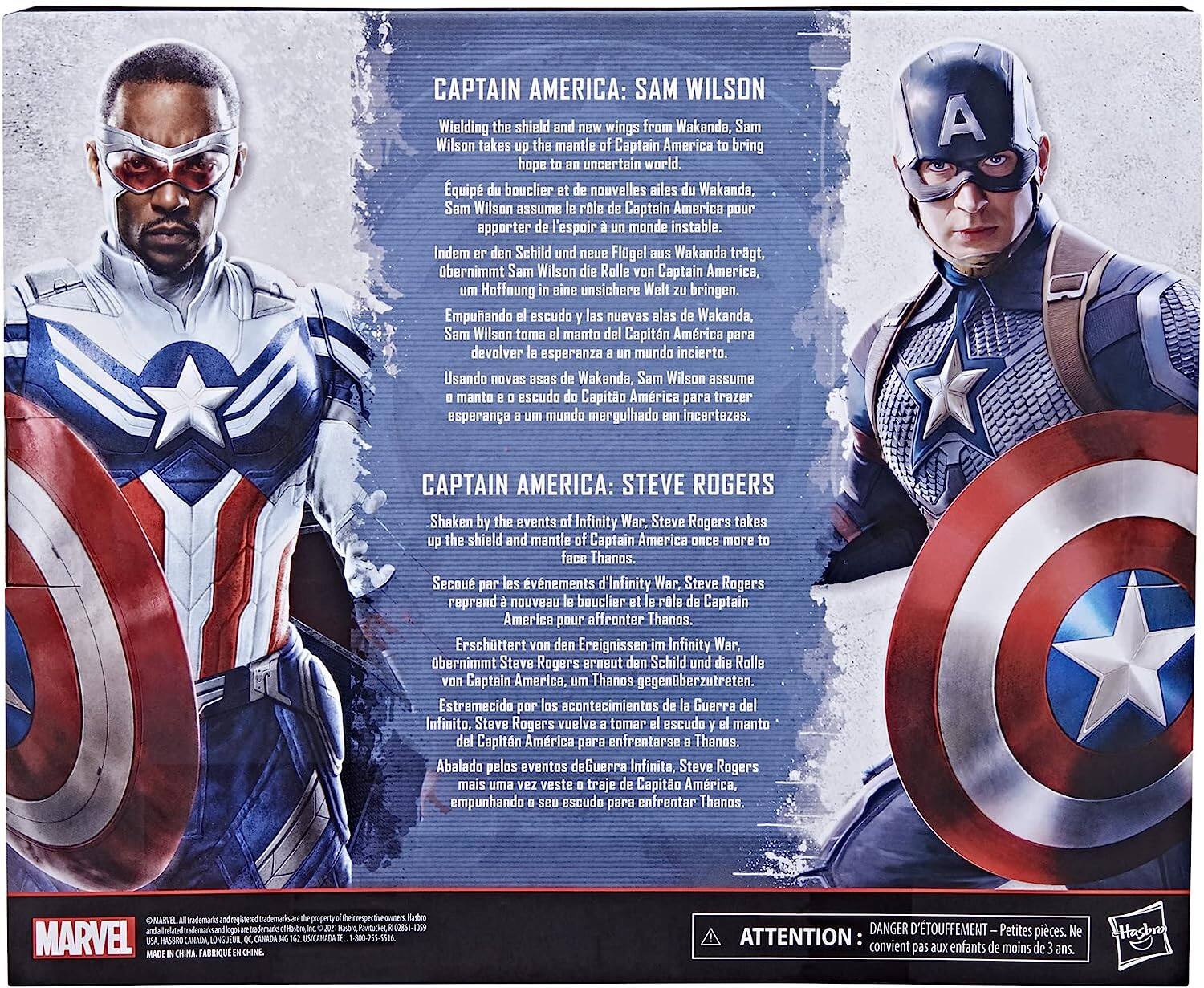 CAPTAIN AMERICA: SAM WILSON  
Wielding the shield and new wings from Wakanda, Sam Wilson takes the mantle of Captain America to bring hope to an uncertain world.  
Équipé du bouclier et de nouvelles ailes de Wakanda, Sam Wilson assume le rôle de Captain America pour apporter de l'espoir à un monde instable.  
Indem den Schild und neuen Flügeln aus Wakanda tragt, übernimmt Sam Wilson die Rolle von Captain America, um Hoffnung in eine unsichere Welt zu bringen.  
Empuñando el escudo y las nuevas alas de Wakanda, Sam Wilson toma el manto del Capitán América para devolver esperanza a un mundo incierto.  
Usando novas asas de Wakanda, Sam Wilson assume o manto e o escudo do Capitão América para trazer esperança a um mundo mergulhado em incertezas.  

CAPTAIN AMERICA: STEVE ROGERS  
Shaken by the events of Infinity War, Steve Rogers takes up the shield and mantle of Captain America once more to face Thanos.  
Secou par les événements d'Infinity War,