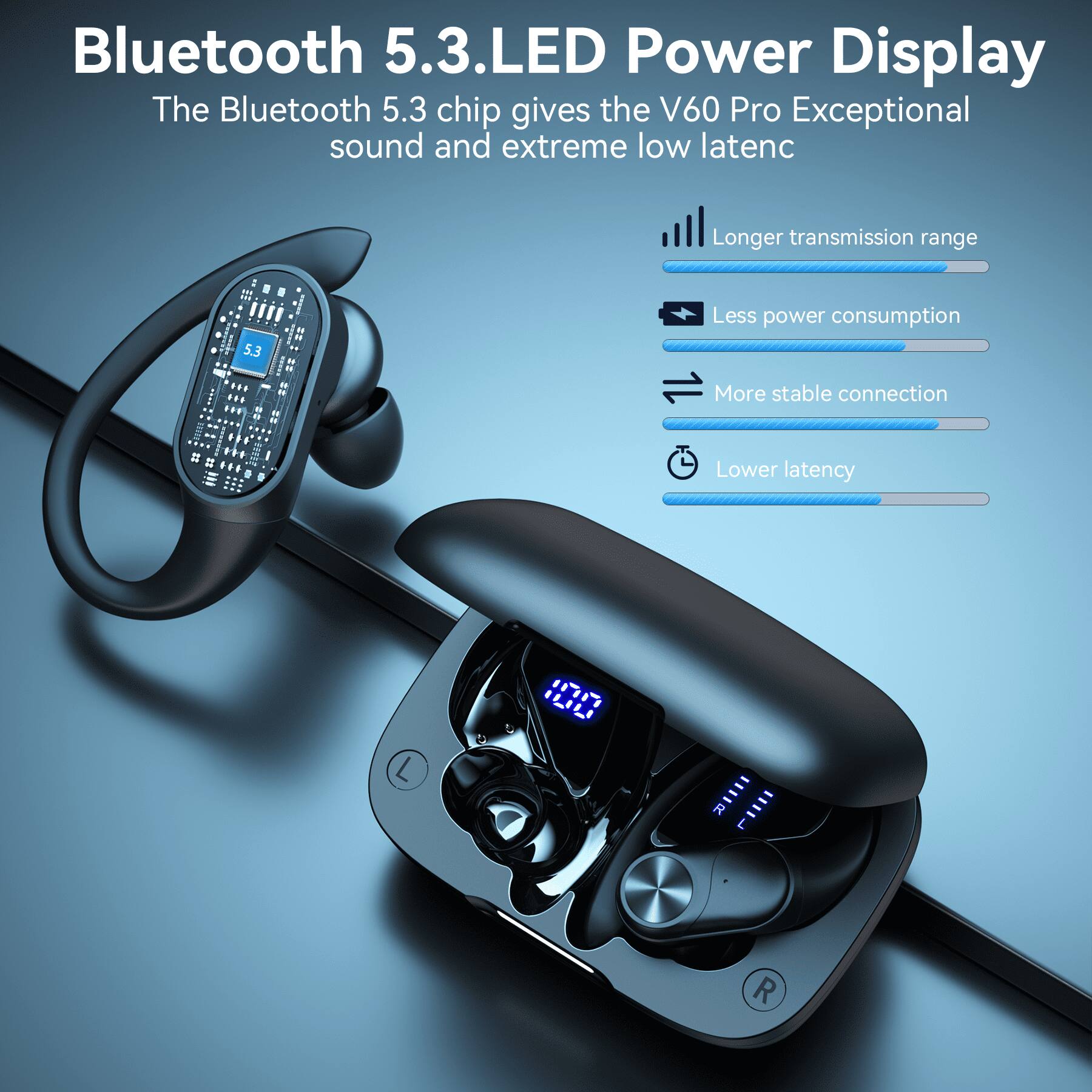 Bluetooth 5.3 LED Power Display

The Bluetooth 5.3 chip gives the V60 Pro exceptional sound and extreme low latency.

- Longer transmission range
- Less power consumption
- More stable connection
- Lower latency