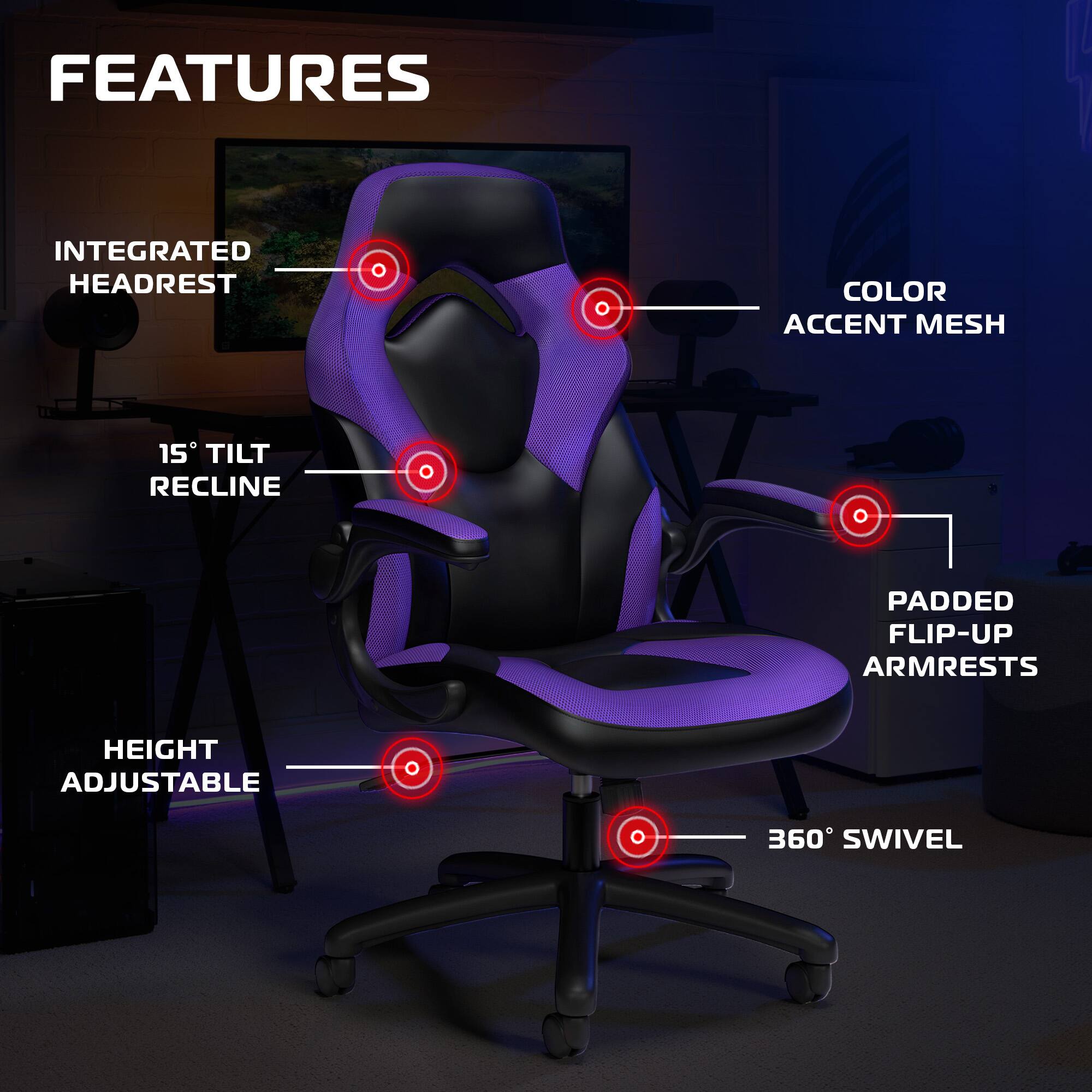 Sure, here is the corrected and grouped text from the image:

**FEATURES**

- **INTEGRATED HEADREST**
- **15° TILT RECLINE**
- **HEIGHT ADJUSTABLE**
- **360° SWIVEL**
- **COLOR ACCENT MESH**
- **PADDED FLIP-UP ARMRESTS**