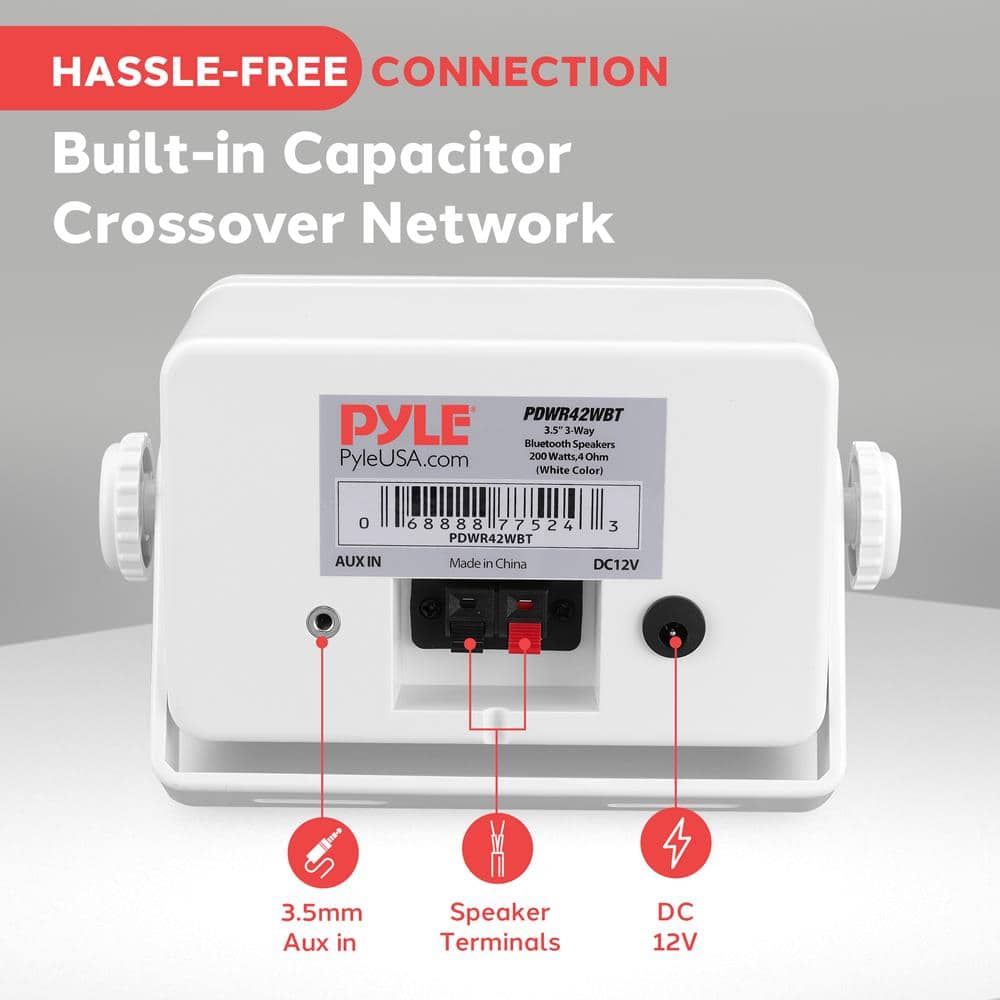 HASSLE-FREE CONNECTION
Built-in Capacitor Crossover Network
PDWR42WBT
3.5" 3-Way Bluetooth Speakers
200 Watts, 4 Ohm
(White Color)
PyleUSA.com
AUX IN
Made in China
DC12V
3.5mm Aux in
Speaker Terminals
DC 12V