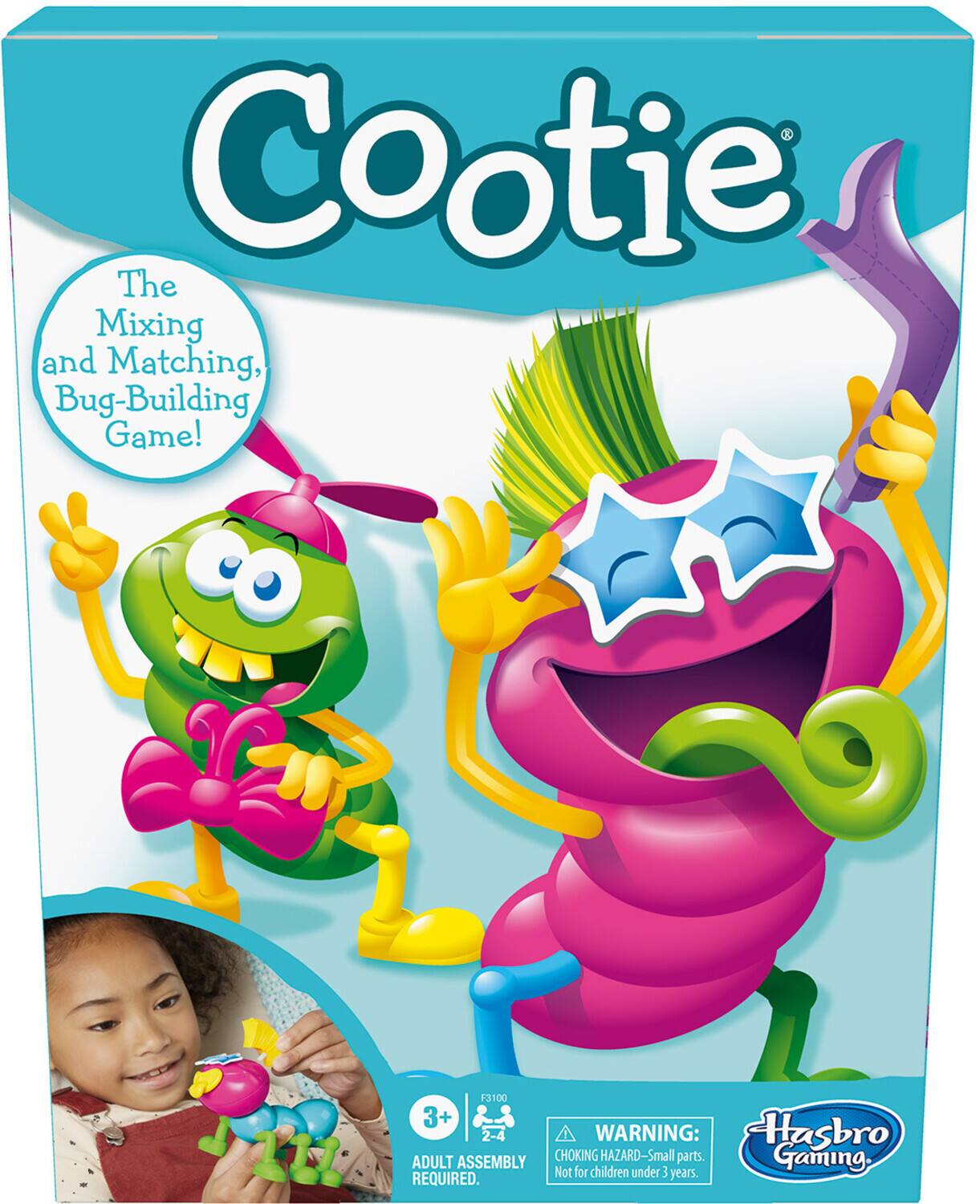 Cootie The Mixing and Matching, Bug-Building Game! 3100 3+ 2-4 WARNING: CHOKING HAZARD-Small parts. Not for children under 3 years. ADULT ASSEMBLY REQUIRED.