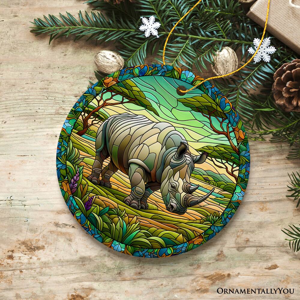 Back. OrnamentallyYou - Rhinoceros Realm Expedition Stained Glass Style Ceramic Ornament African Animals Christmas Gift - Multi-colored.