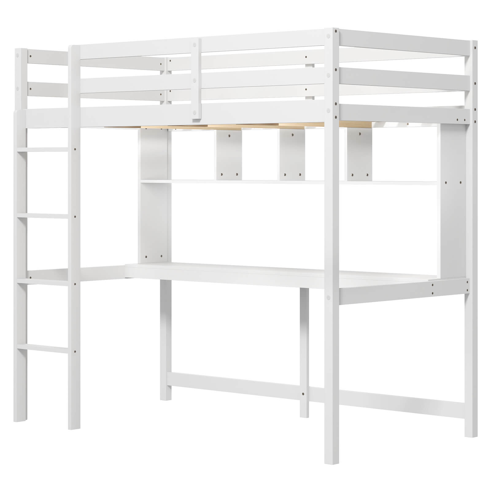 Costway - Twin Size Loft Bed with Desk & Shelves Safety Guardrails & Ladder Storage - White