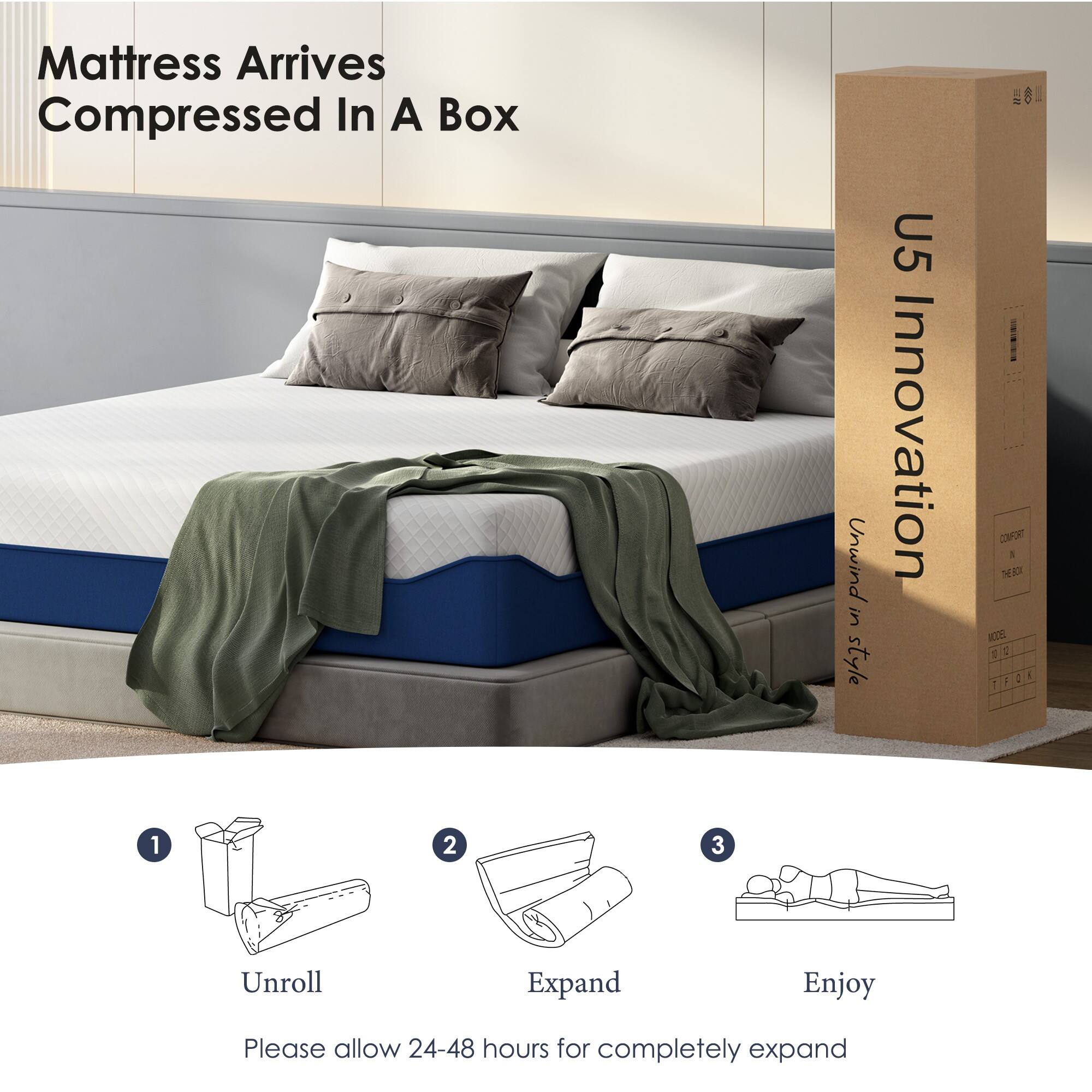 Mattress Arrives Compressed In A Box

U5 Innovation

1. Unroll
2. Expand
3. Enjoy

Please allow 24-48 hours for completely expand