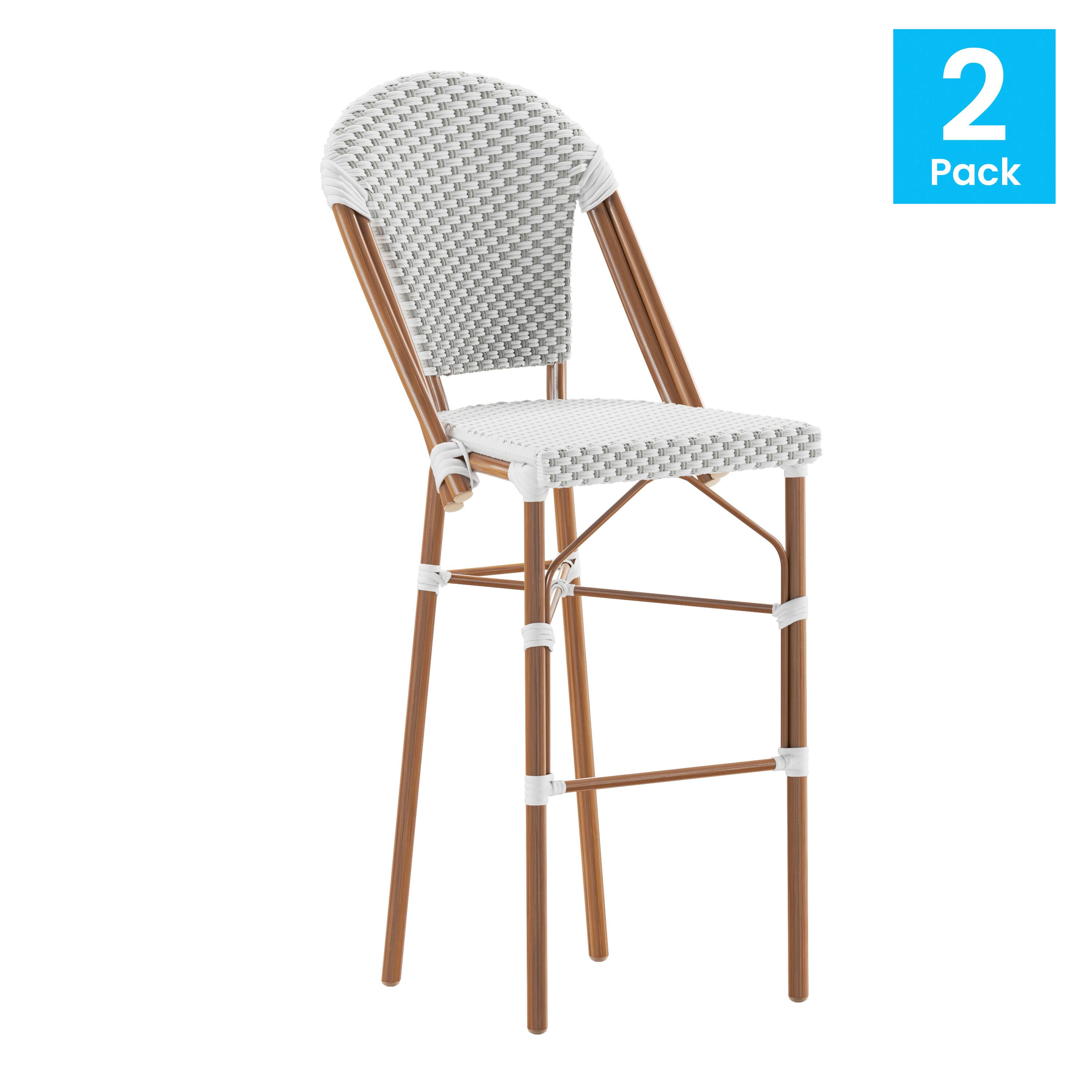 Alt View 1. Emma + Oliver - Colmar Set of Two Indoor/Outdoor 30" High Stacking Bistro Counter Stools with Patterned Seat and Back and Metal Frames - White & Gray/Natural Frame.