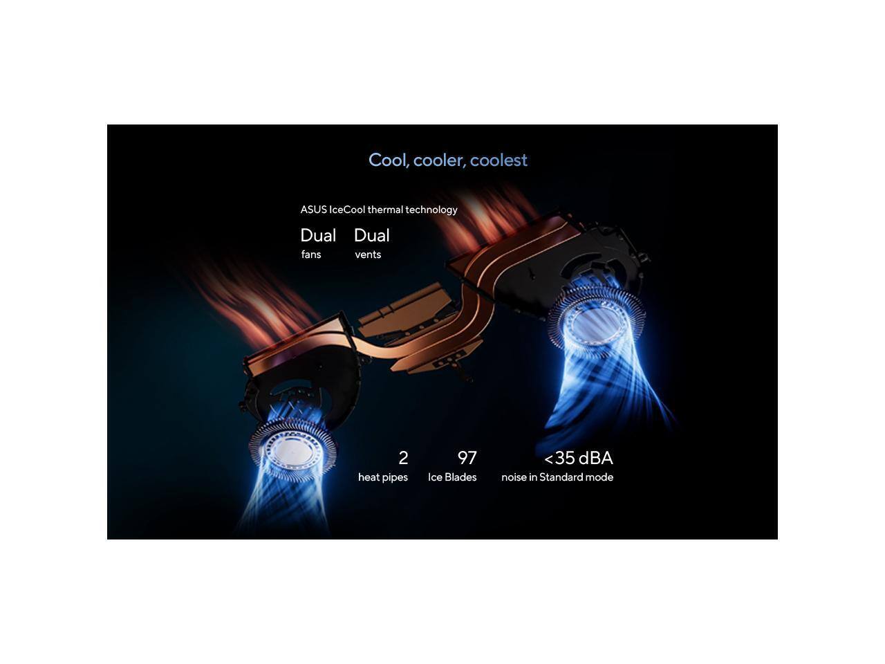 Cool, cooler, coolest  
ASUS IceCool thermal technology  
Dual fans  
Dual vents  
2 heat pipes  
97 Ice Blades  
<35 dBA noise in Standard mode
