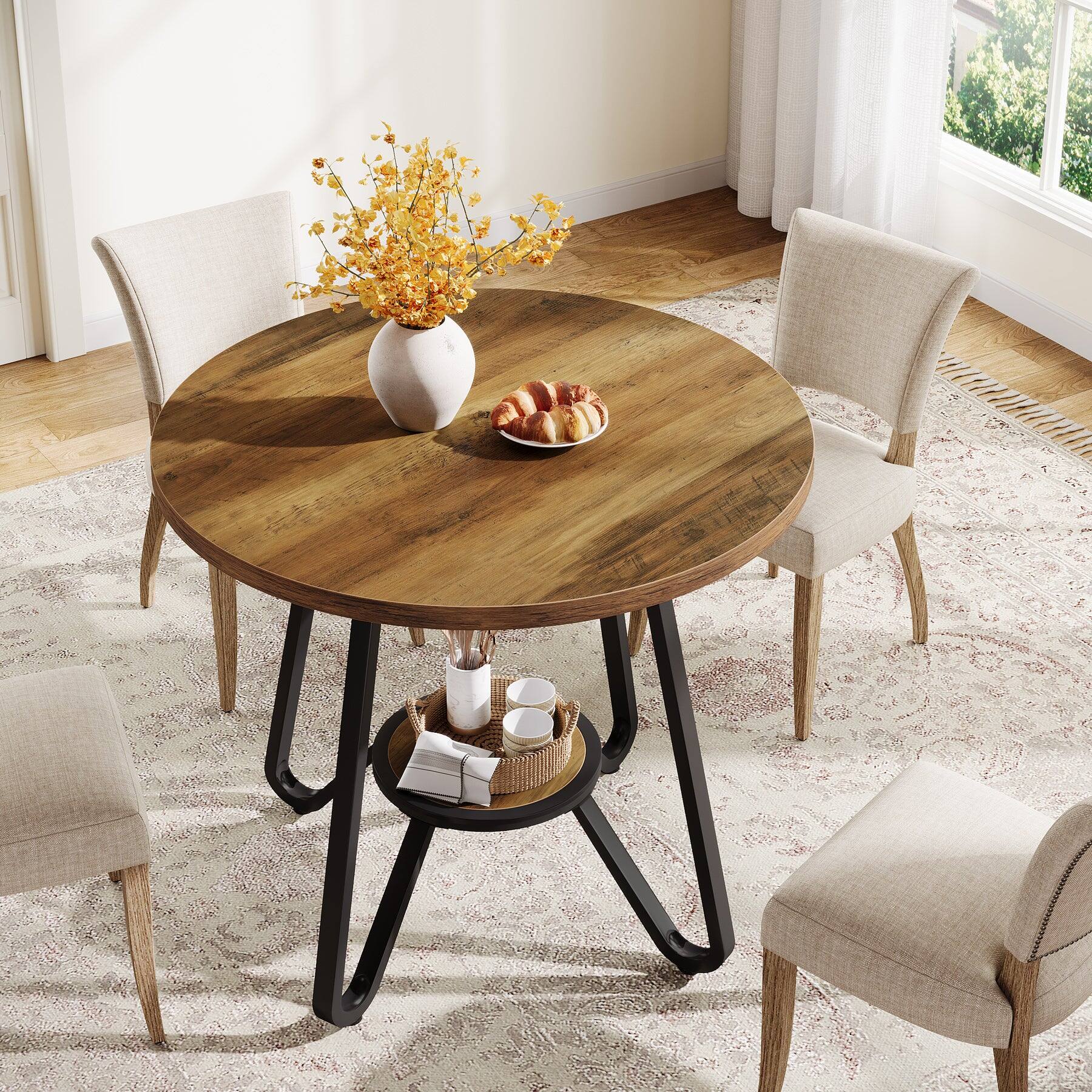 Back. Tribesigns - Dining Table with Storage Shelves, Adjustable Feet and Space-Saving Design for Dining Room and Kitchen - Brown.