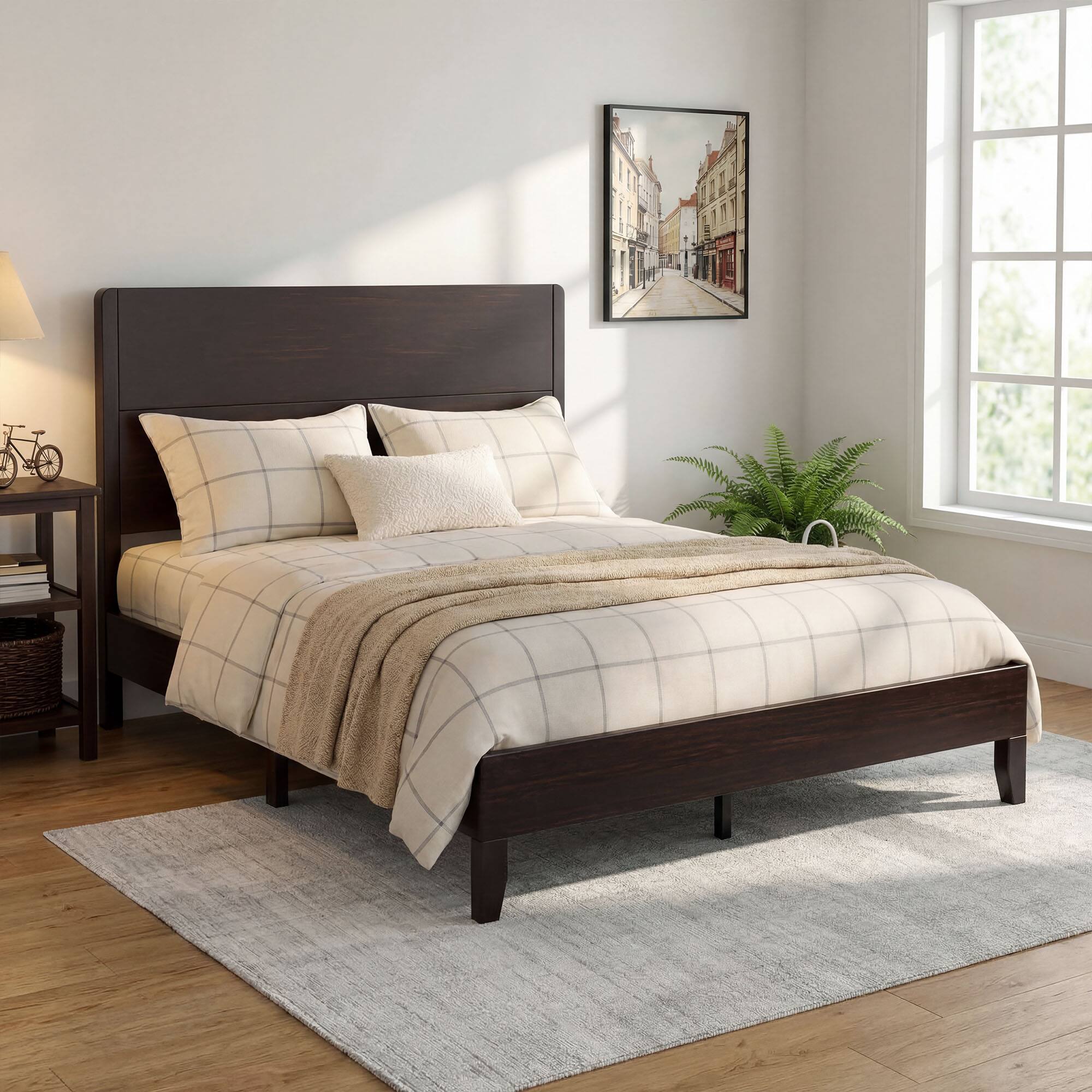 Vipbear Q/K Wooden Bed Frame with Tall Headboard, Platform Bed Frame ...