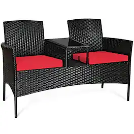 Pefilos - 3 Piece Patio Conversation Bistro Set with Seat, Furniture Outdoor Rattan Patio Conversation Set with Built-in Coffee - Red