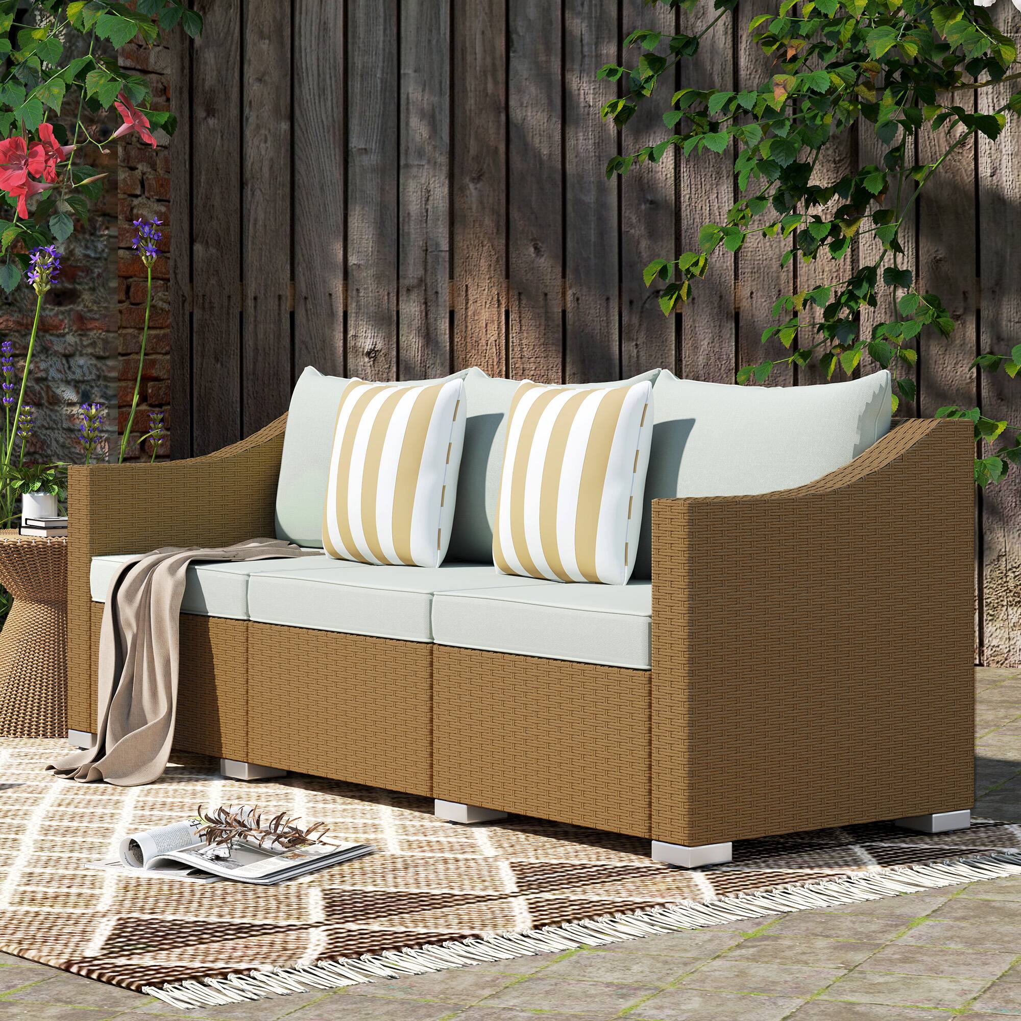 Alt View 1. Outsunny - Wicker 3 Seater Patio Couch with Cushions, 2 Throw Pillows, Outdoor Furniture Rattan Sofa - Light Gray.