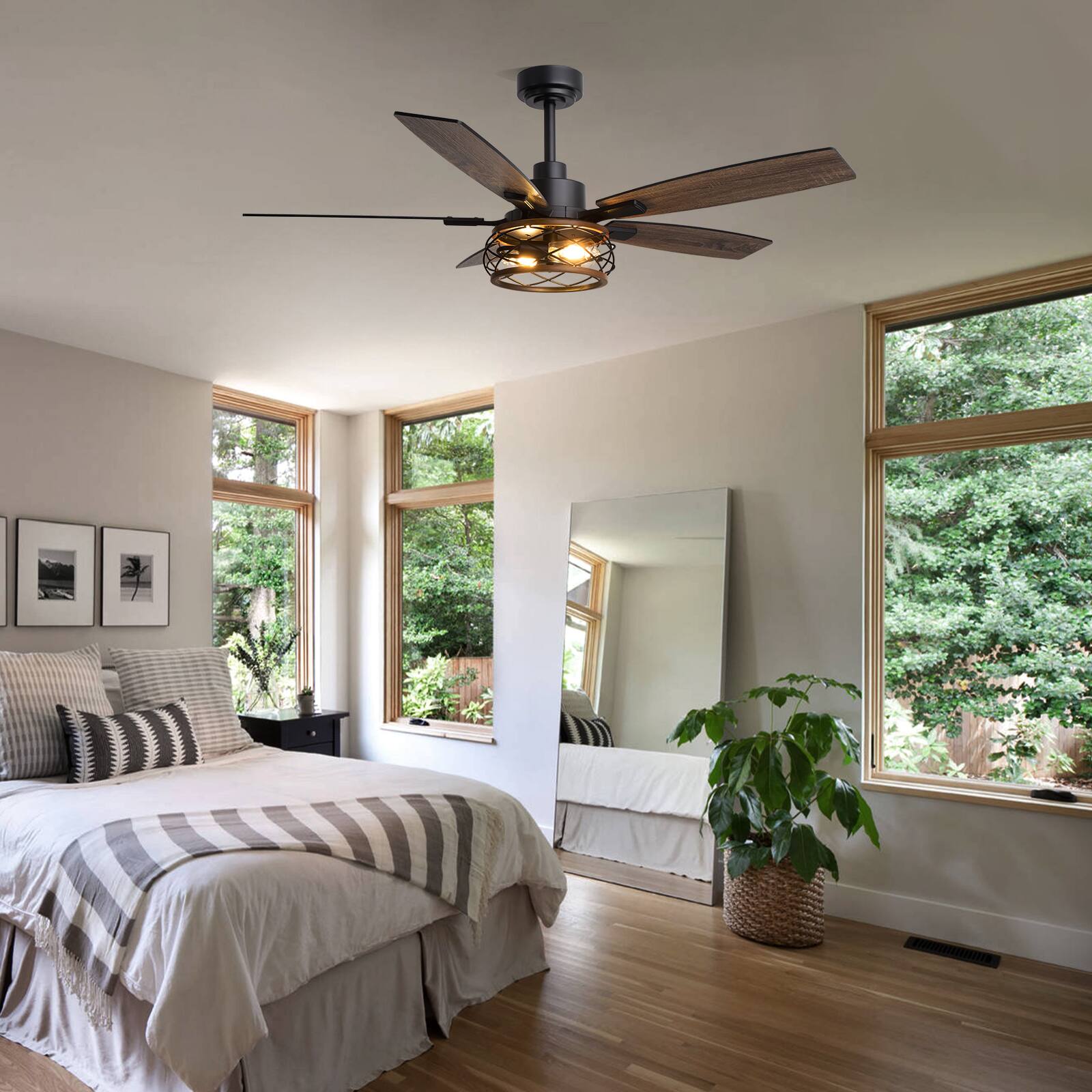 Back. Siljoy - 52 Inch Farmhouse Cage Ceiling Fan with Light Remote Control Wood Grain Design Perfect for Bedroom Living Room - Black and Wood Grain.