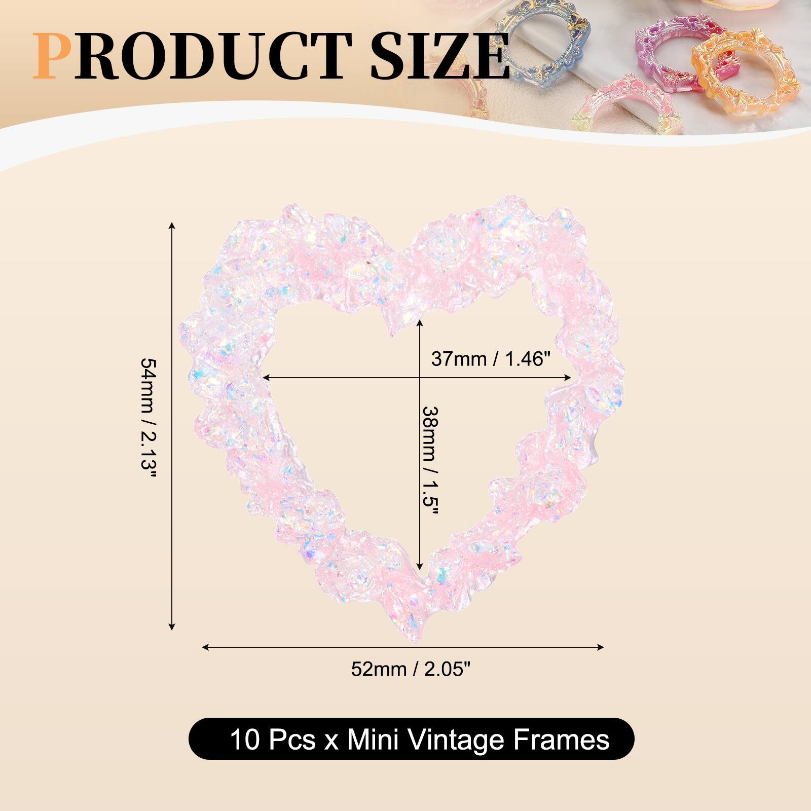 PRODUCT SIZE

54mm / 2.13"  
37mm / 1.46"  
38mm / 1.5"  
52mm / 2.05"  

10 Pcs x Mini Vintage Frames