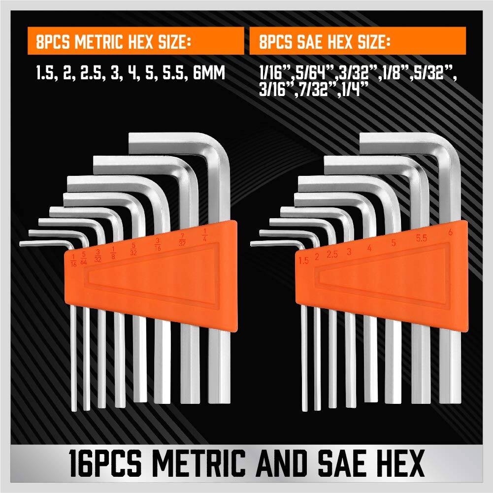 8PCS METRIC HEX SIZE:  
1.5, 2, 2.5, 3, 4, 5, 5.5, 6MM  

8PCS SAE HEX SIZE:  
1/16", 5/64", 3/32", 1/8", 5/32", 3/16", 7/32", 1/4"  

16PCS METRIC AND SAE HEX