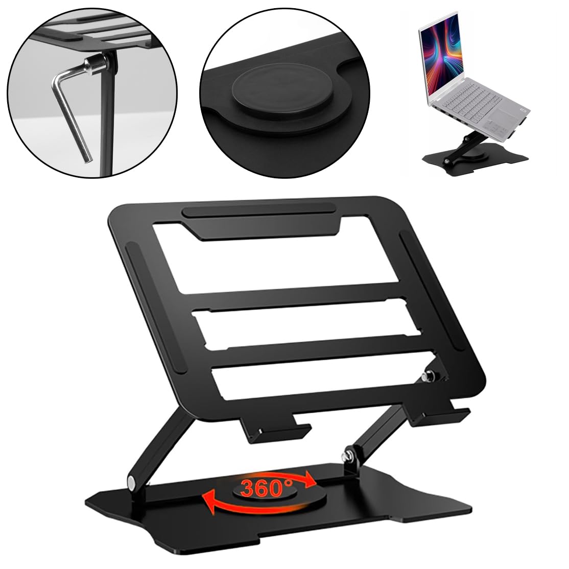 Angle. HongFei - Adjustable Laptop Stand, Portable 360° Rotating & Foldable Metal Laptop Riser, Travel Stand for 10-16" Notebooks - Black.